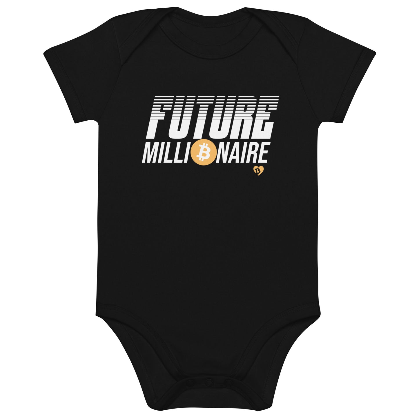 Black baby onesie with 'Future bitcoin Millionaire' text and Bitcoin symbol on a white background