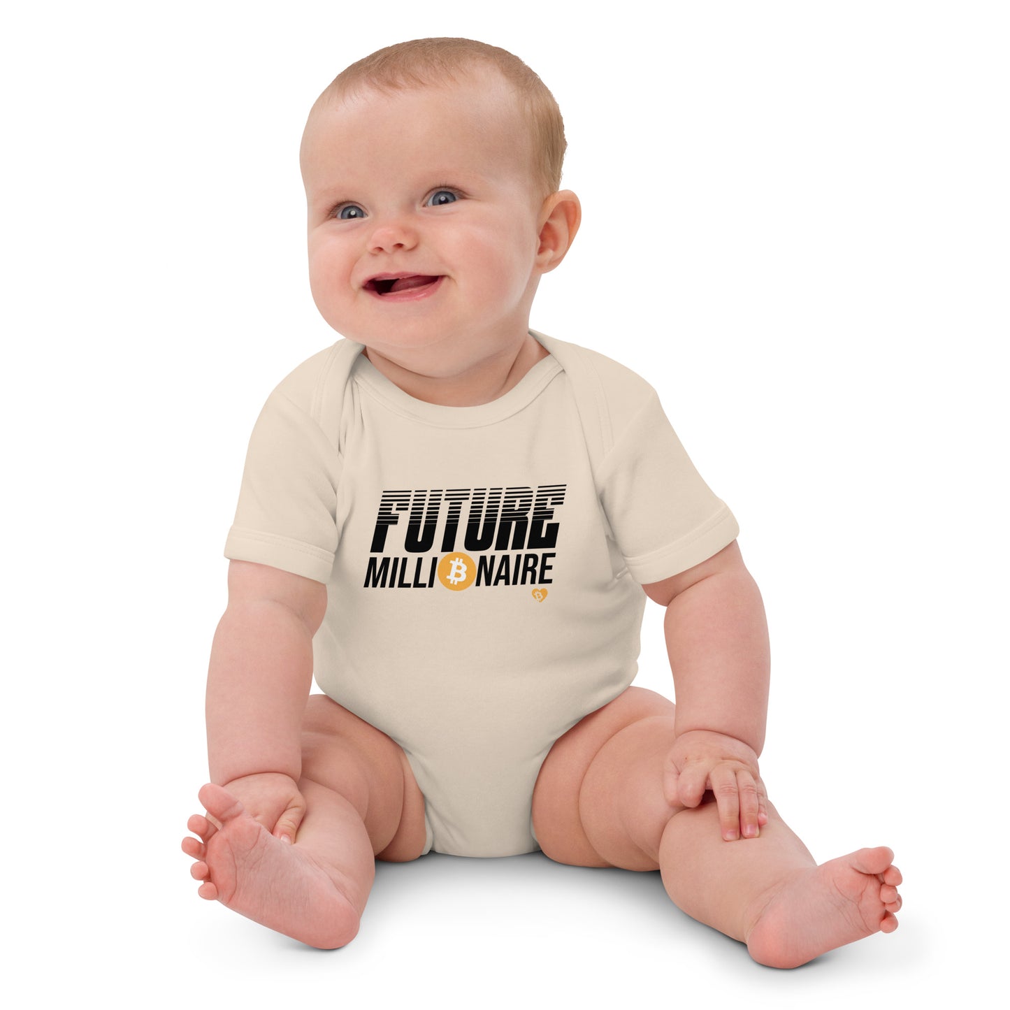 Baby wearing a onesie with 'FUTURE bitcoin MILLIONAIRE' text on a white background