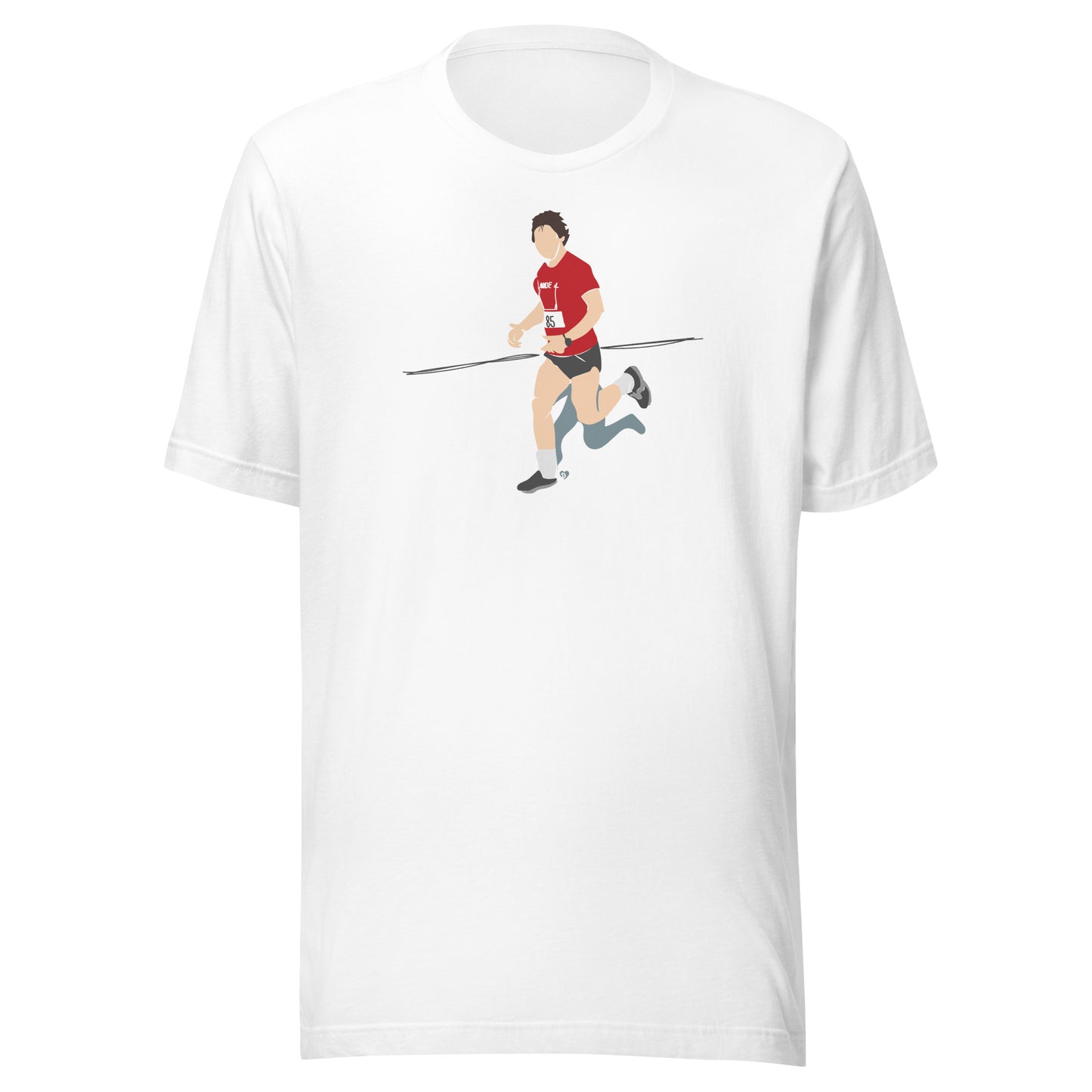 White t-shirt with a graphic of Hal Finney running.