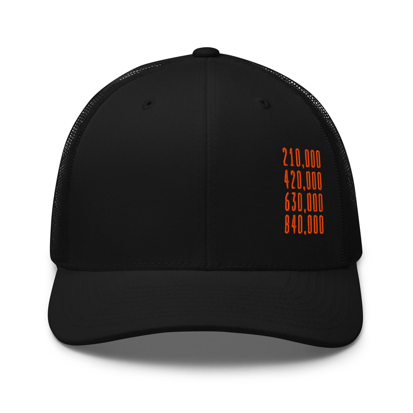 Black cap with orange halving block heights text on a white background