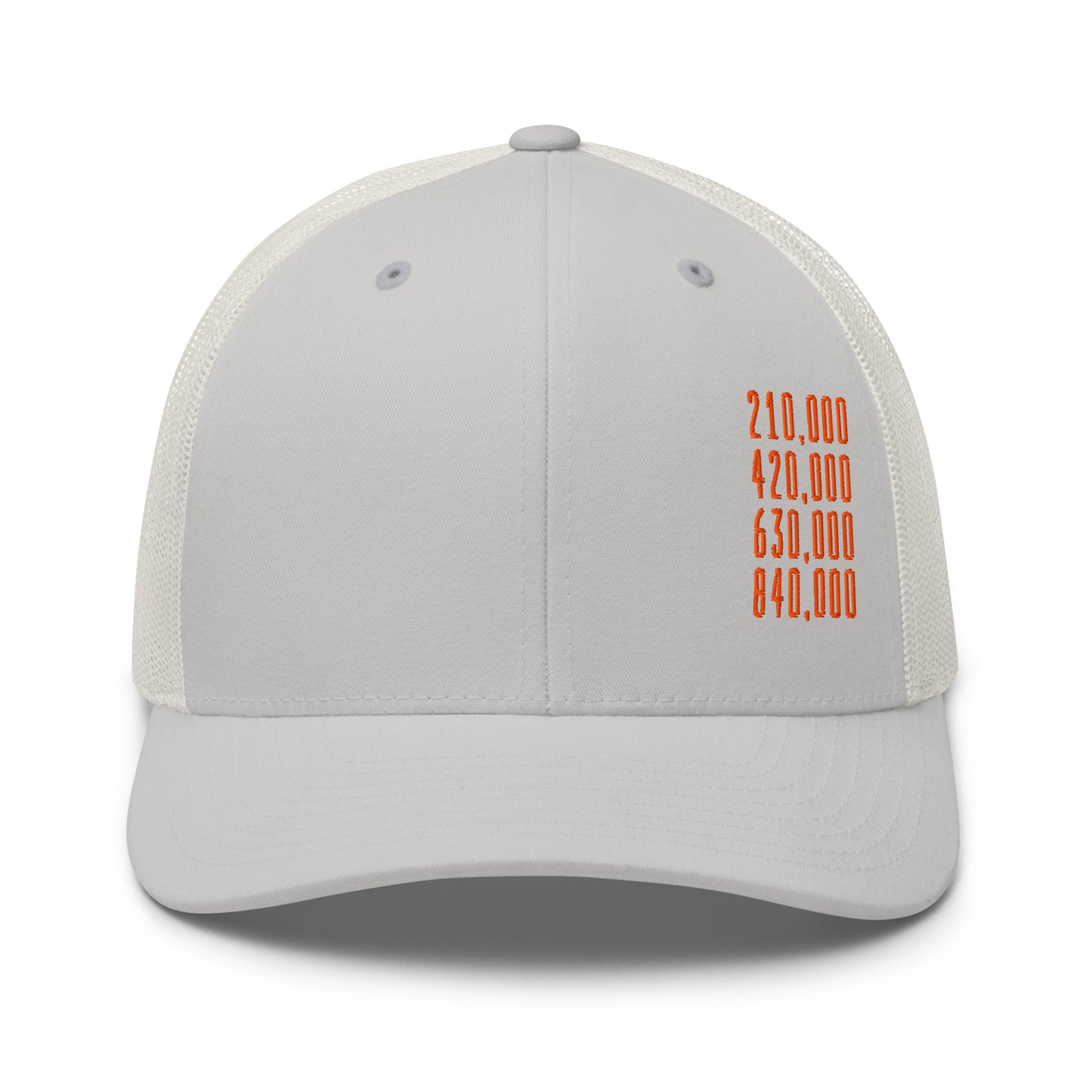Gray cap with orange halving block heights text on a white background