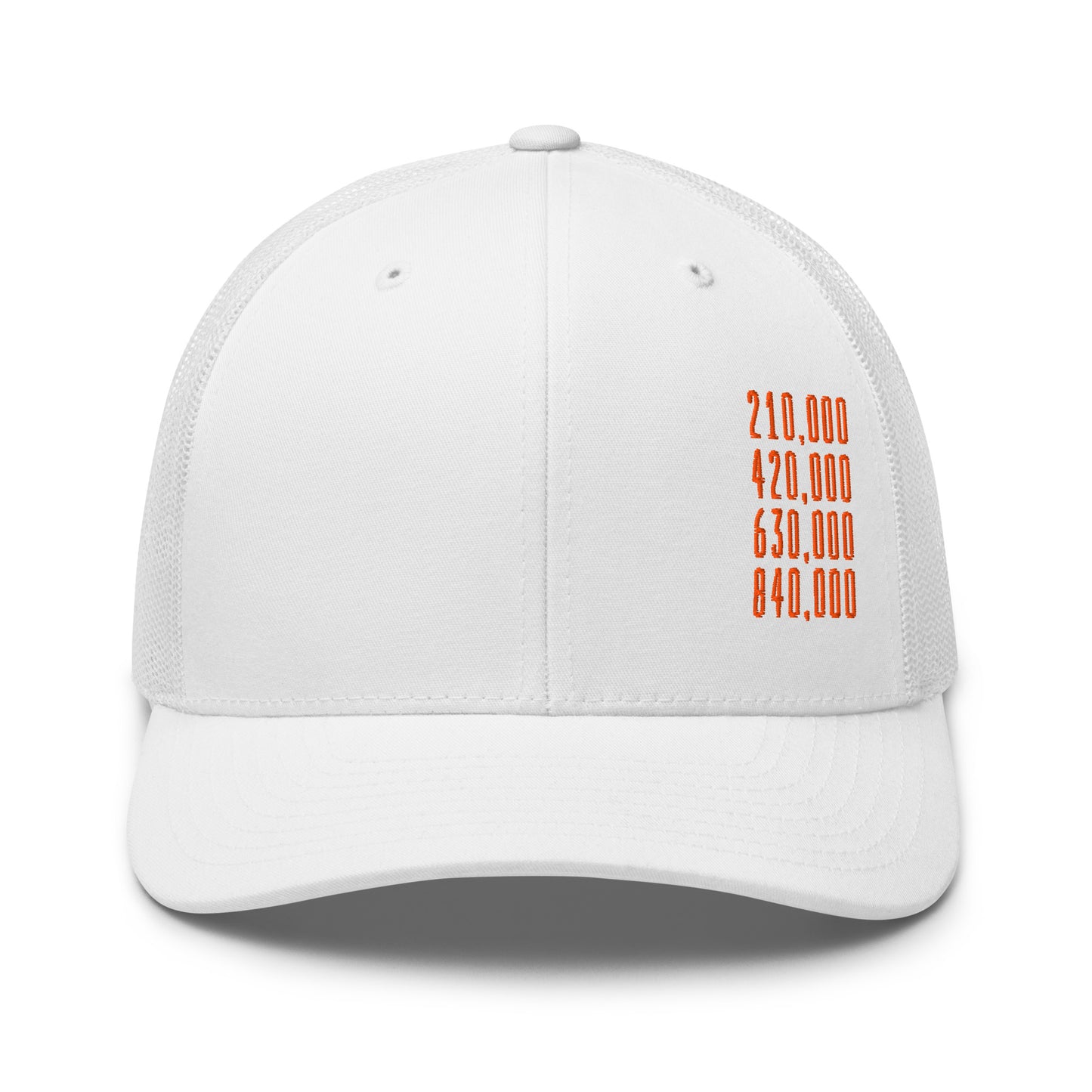 White cap with orange halving block heights text on a white background