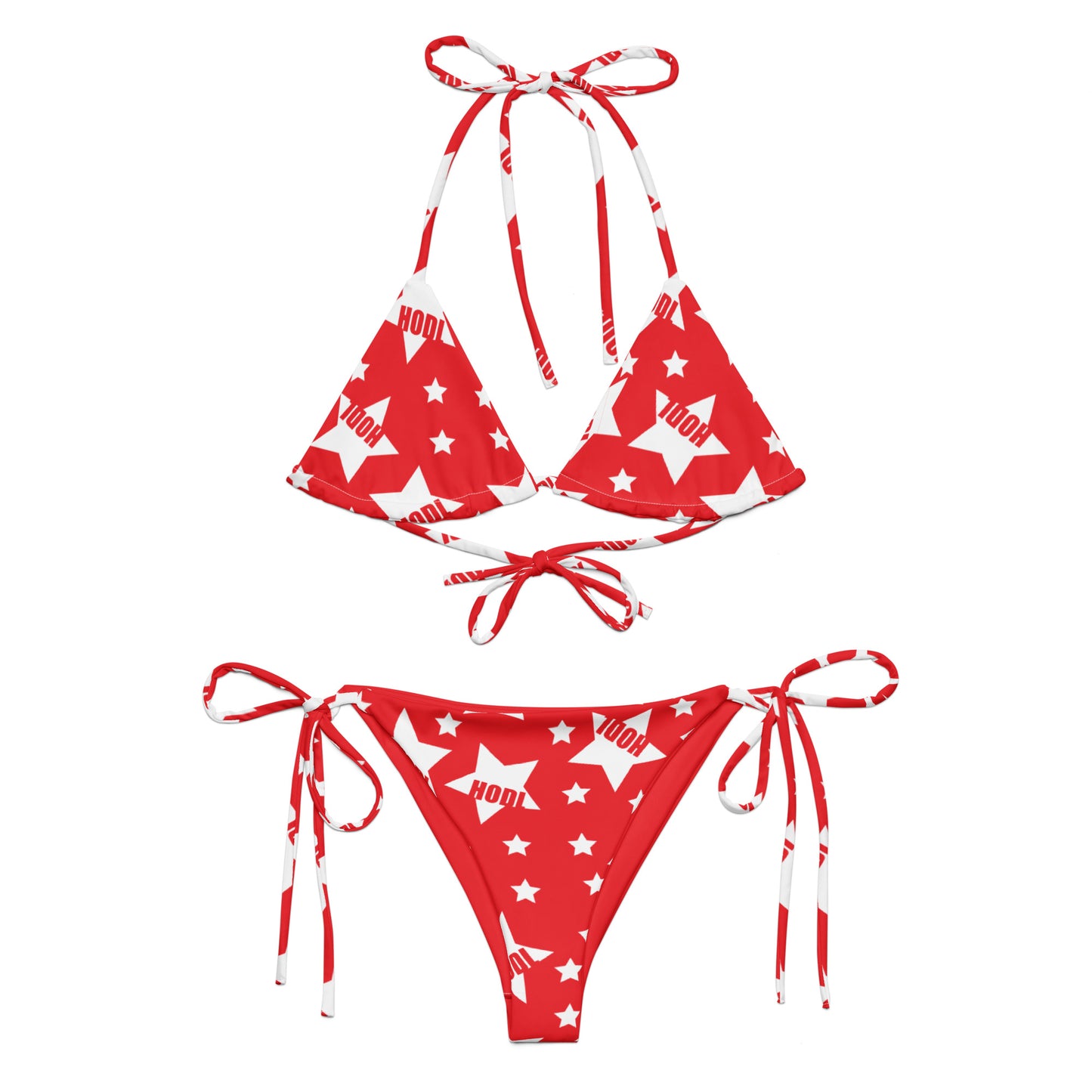 Red and white bikini set with star HODL pattern on a white background