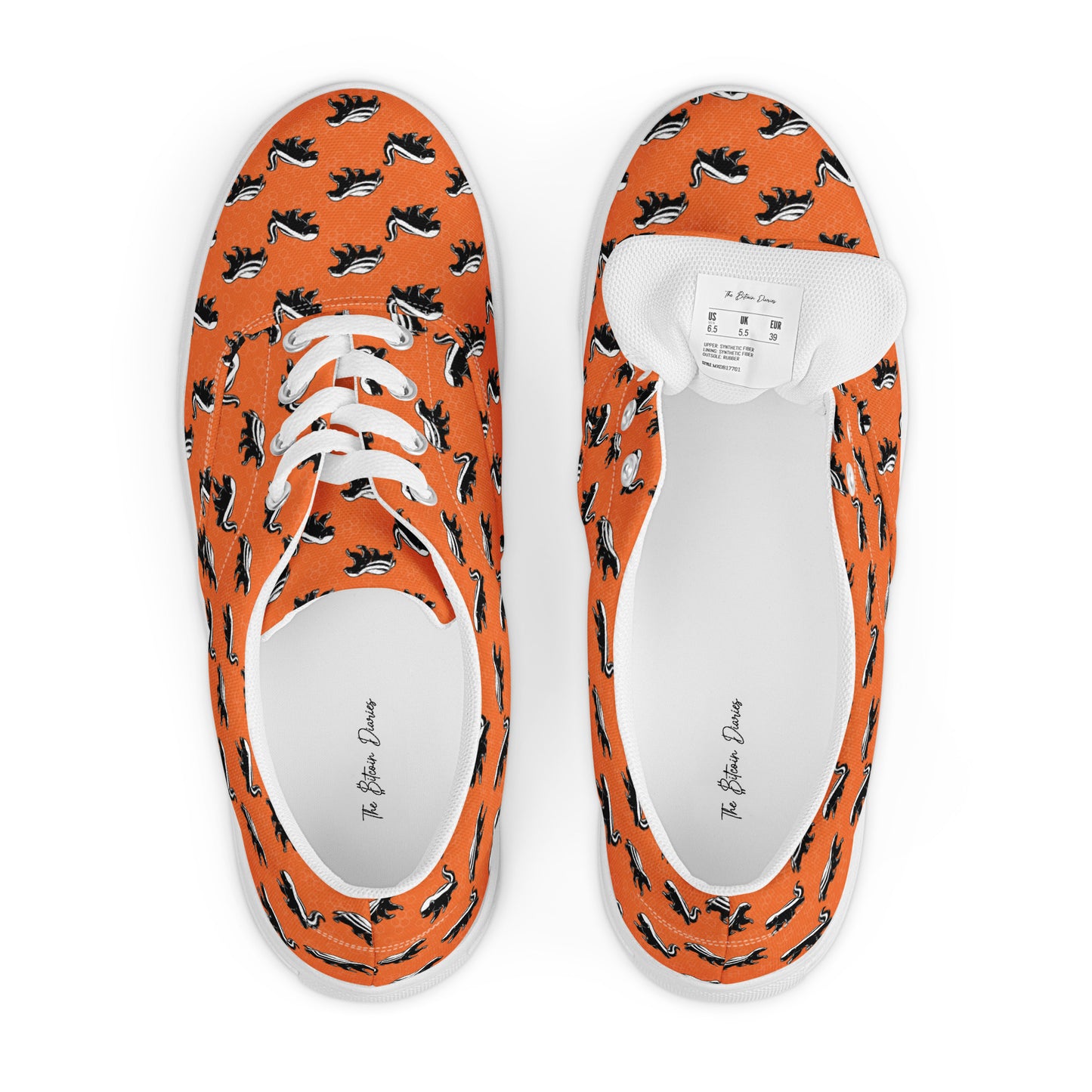 Orange sneakers with honey badger black pattern on a white background
