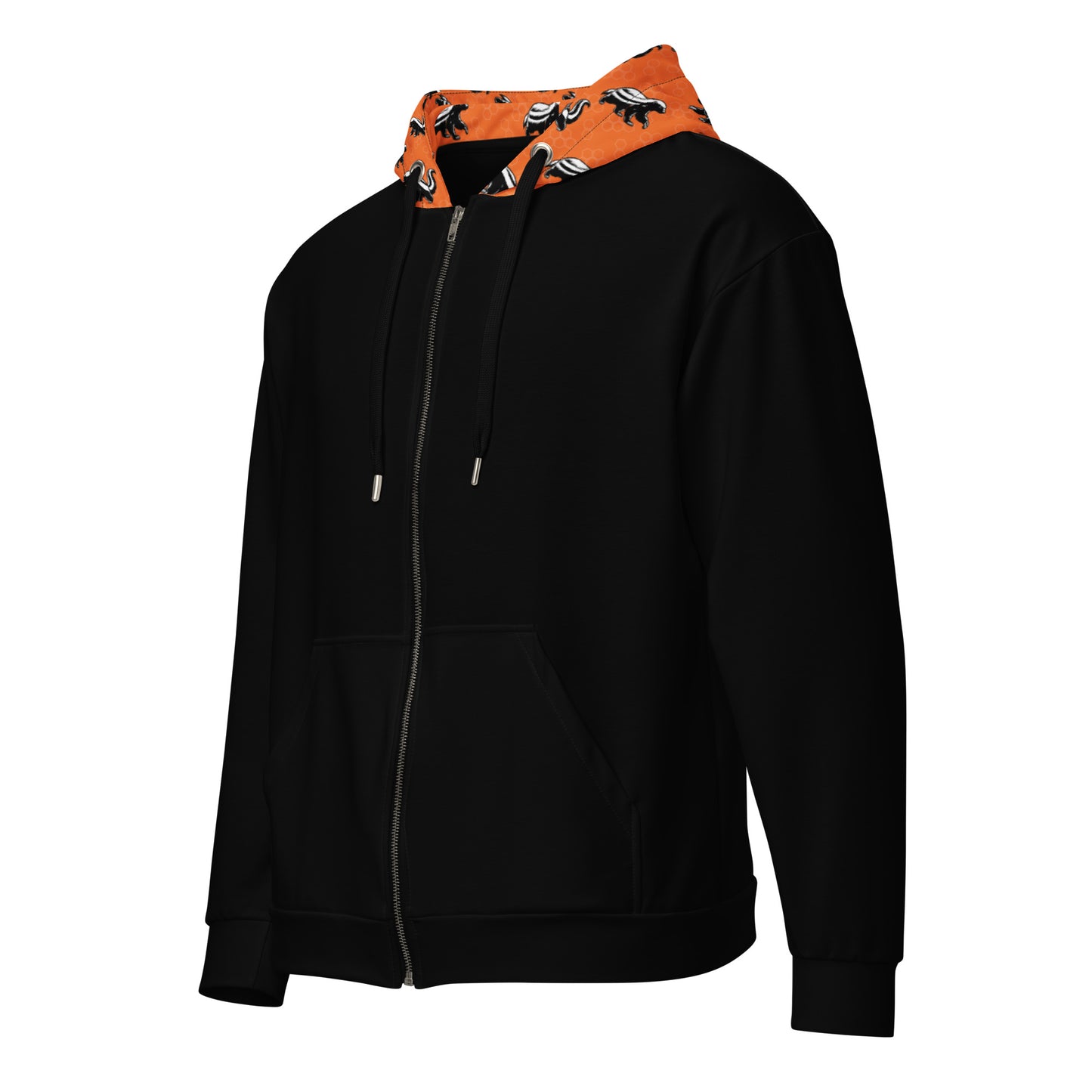 Black hoodie with orange and black honey badger patterned hood on a white background