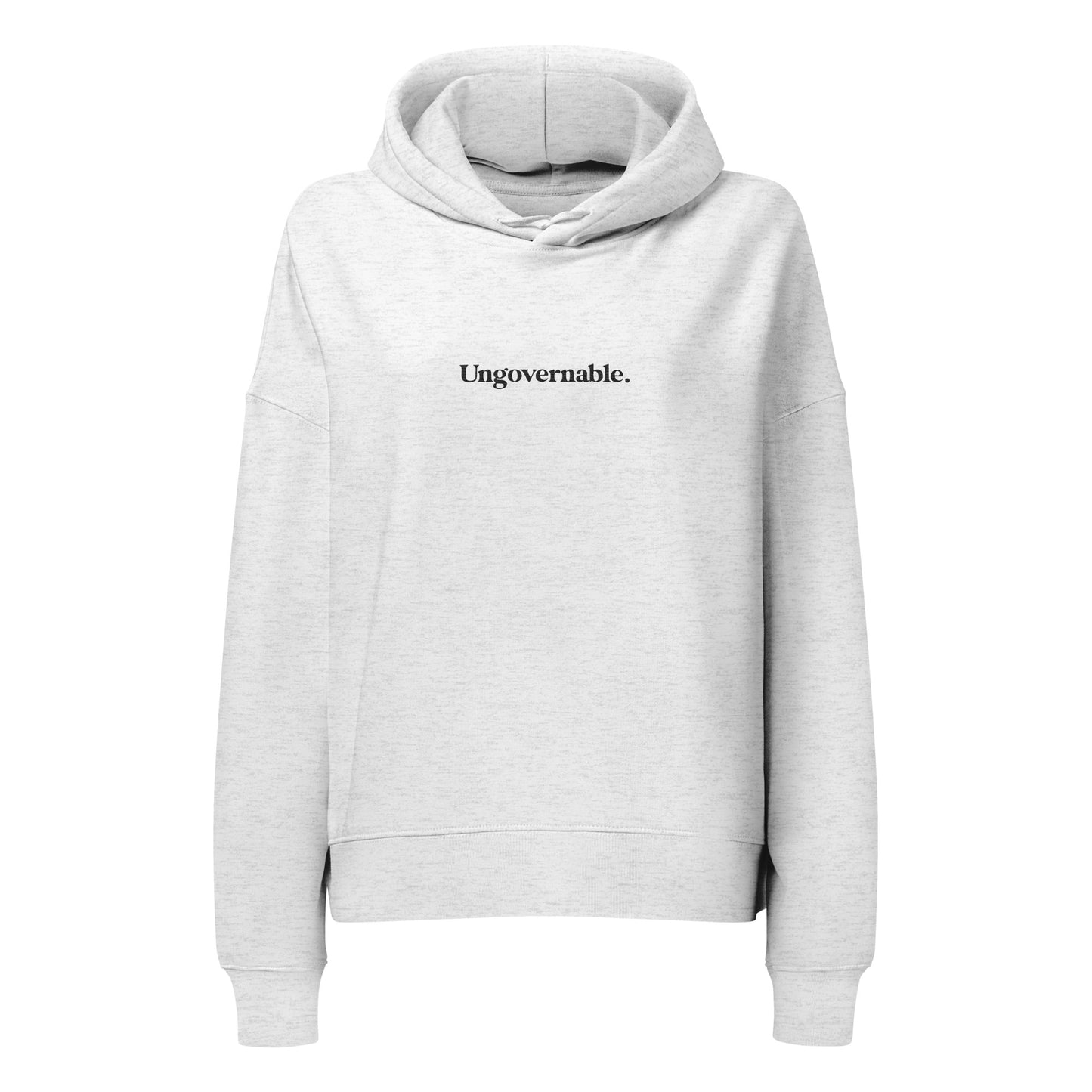 Gray hoodie with 'Ungovernable' text on a white background
