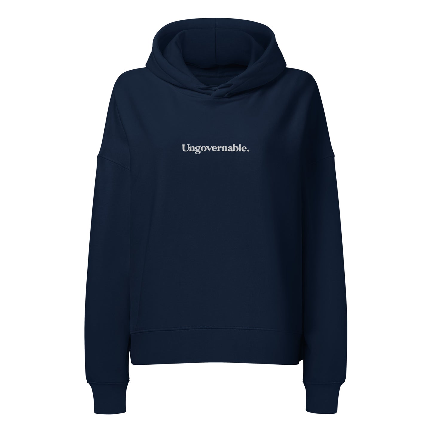 Navy blue hoodie with 'Ungovernable' text on a white background