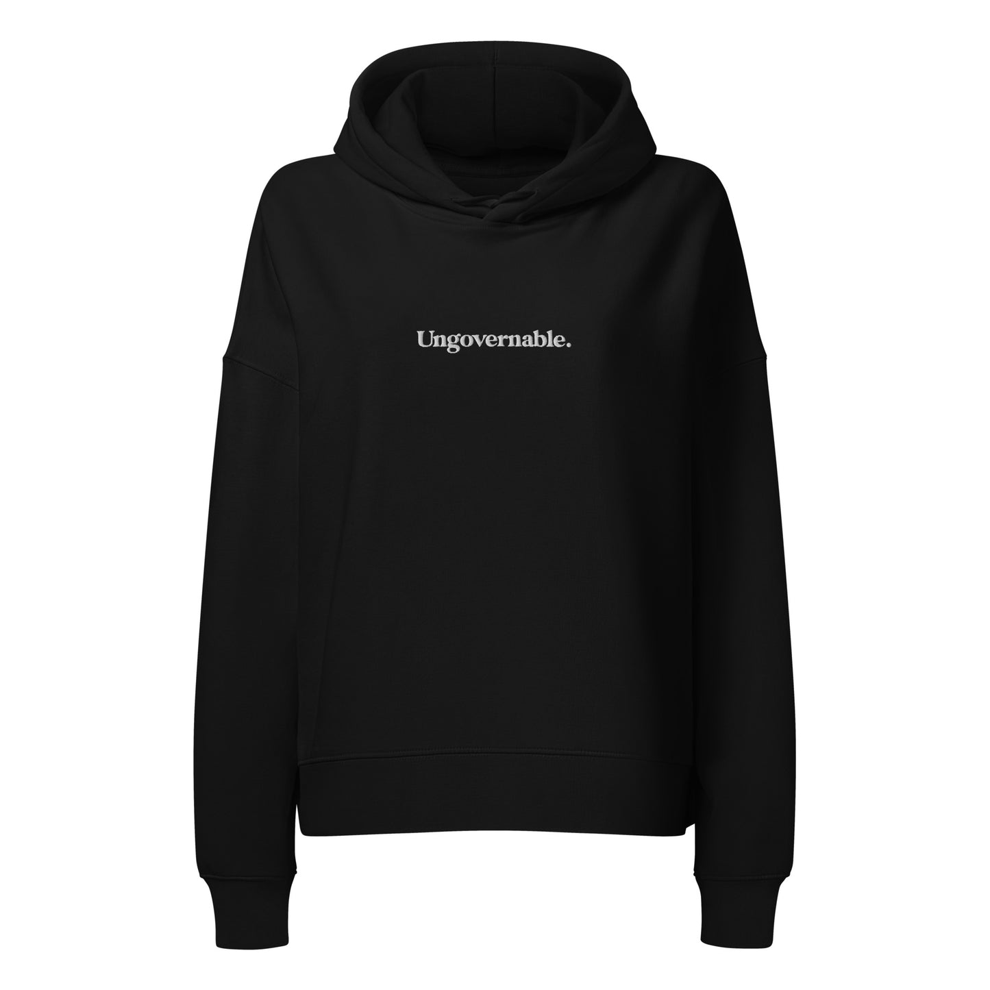 Black hoodie with 'Ungovernable.' text on a white background