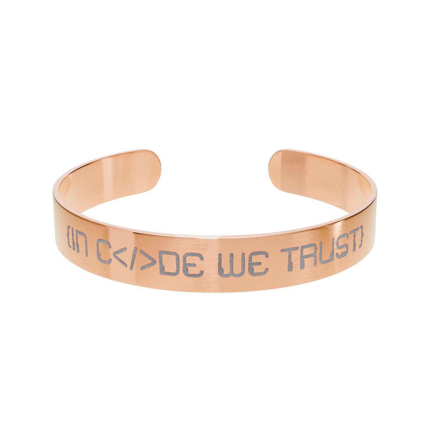 Rose gold bracelet with 'IN CODE WE TRUST' engraving on a white background