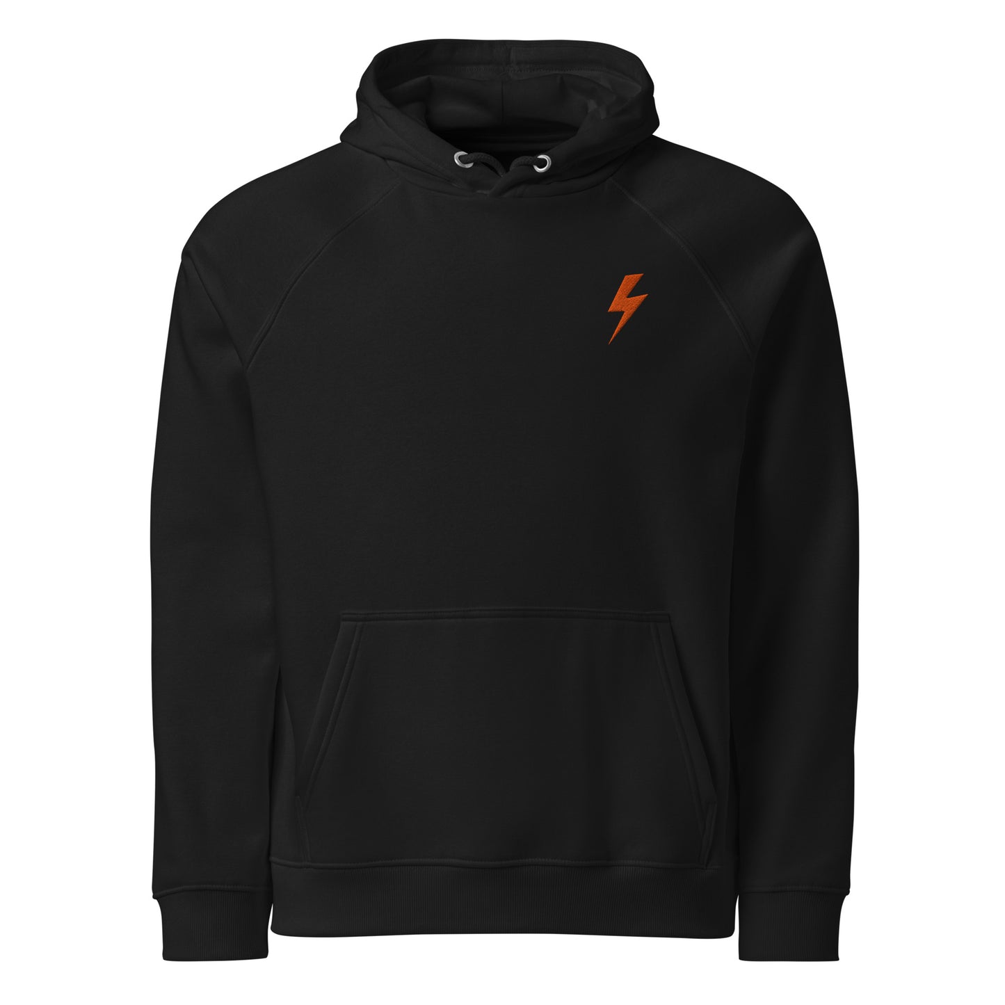 Black hoodie with an orange lightning bolt emblem on a white background