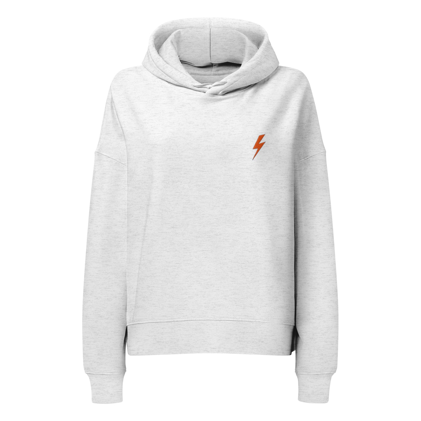 Gray hoodie with a orange lightning bolt emblem on a white background