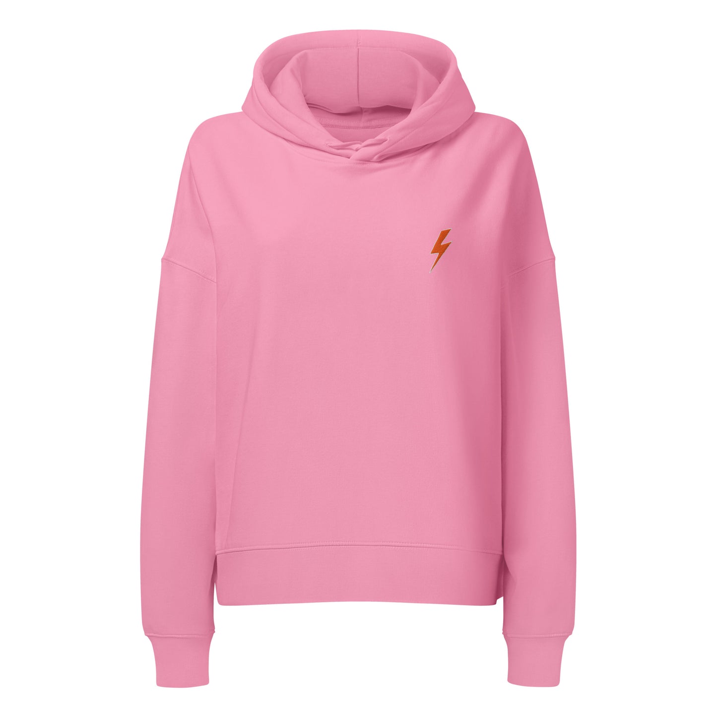 Pink hoodie with a orange lightning bolt emblem on a white background