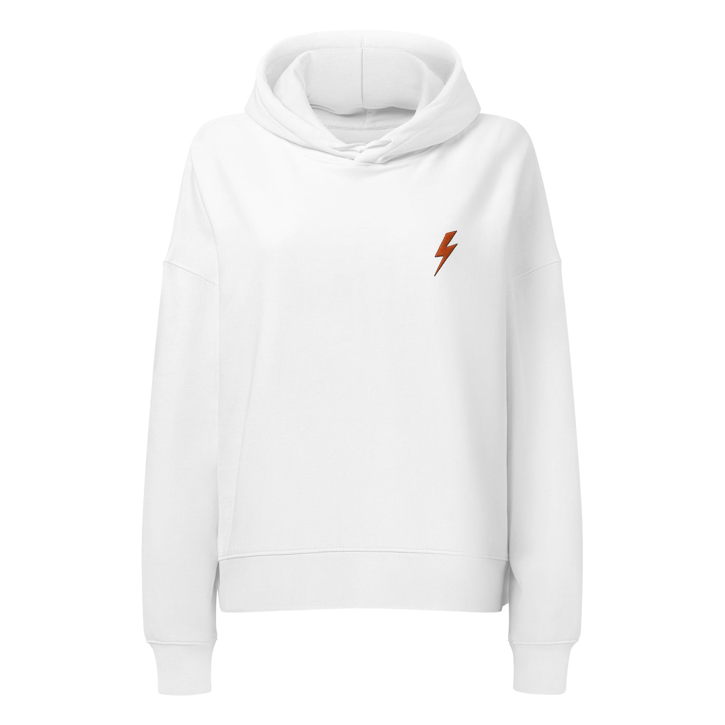 White hoodie with a small orange lightning bolt logo on a white background