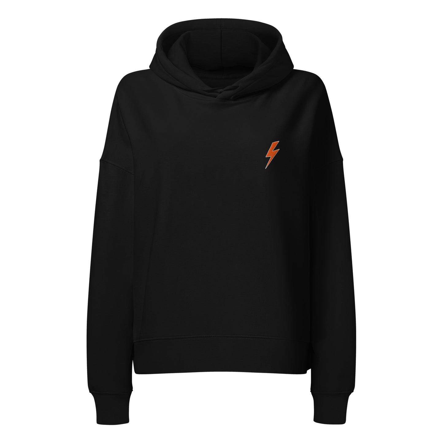 Black hoodie with a small orange lightning bolt emblem on a white background