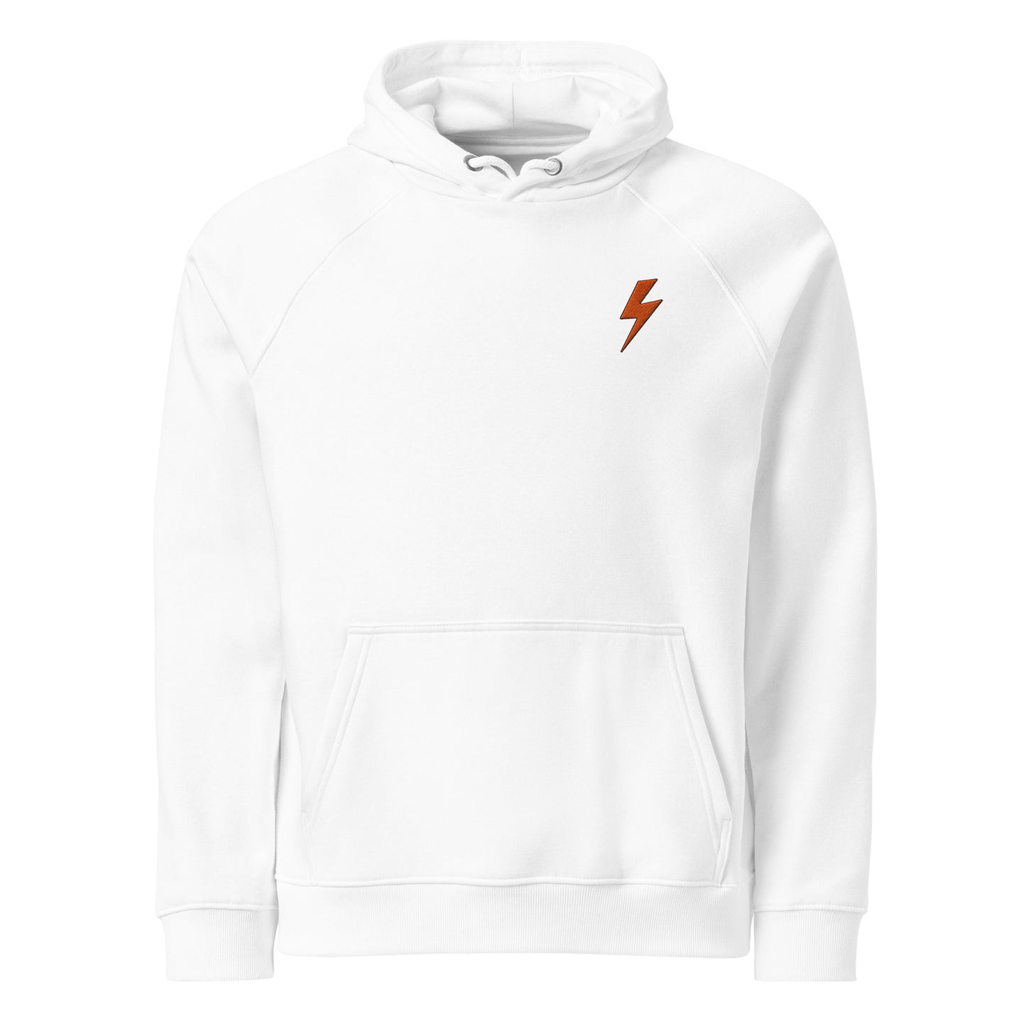 White hoodie with a orange lightning bolt emblem on a white background