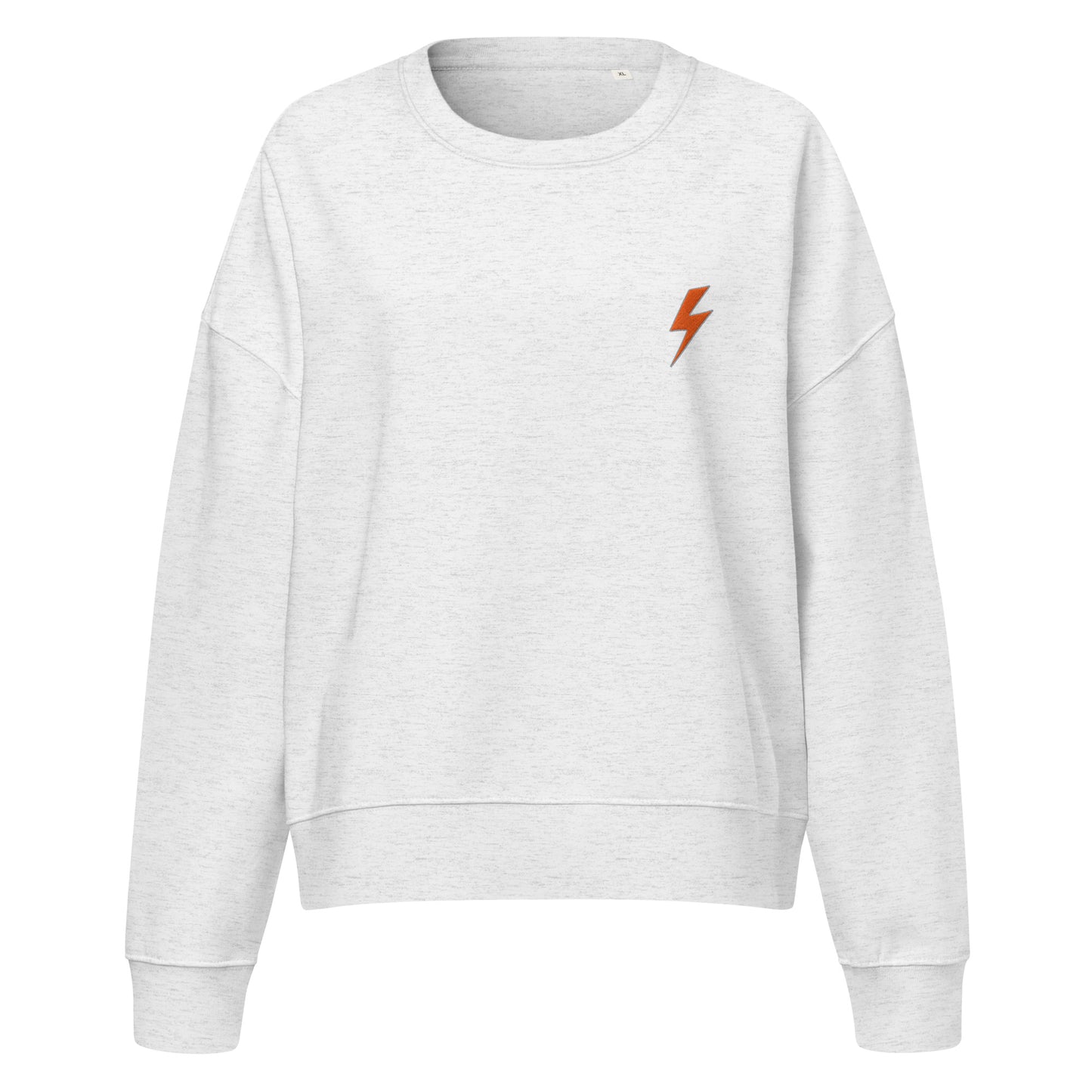 Gray sweatshirt with a orange lightning bolt emblem on a white background