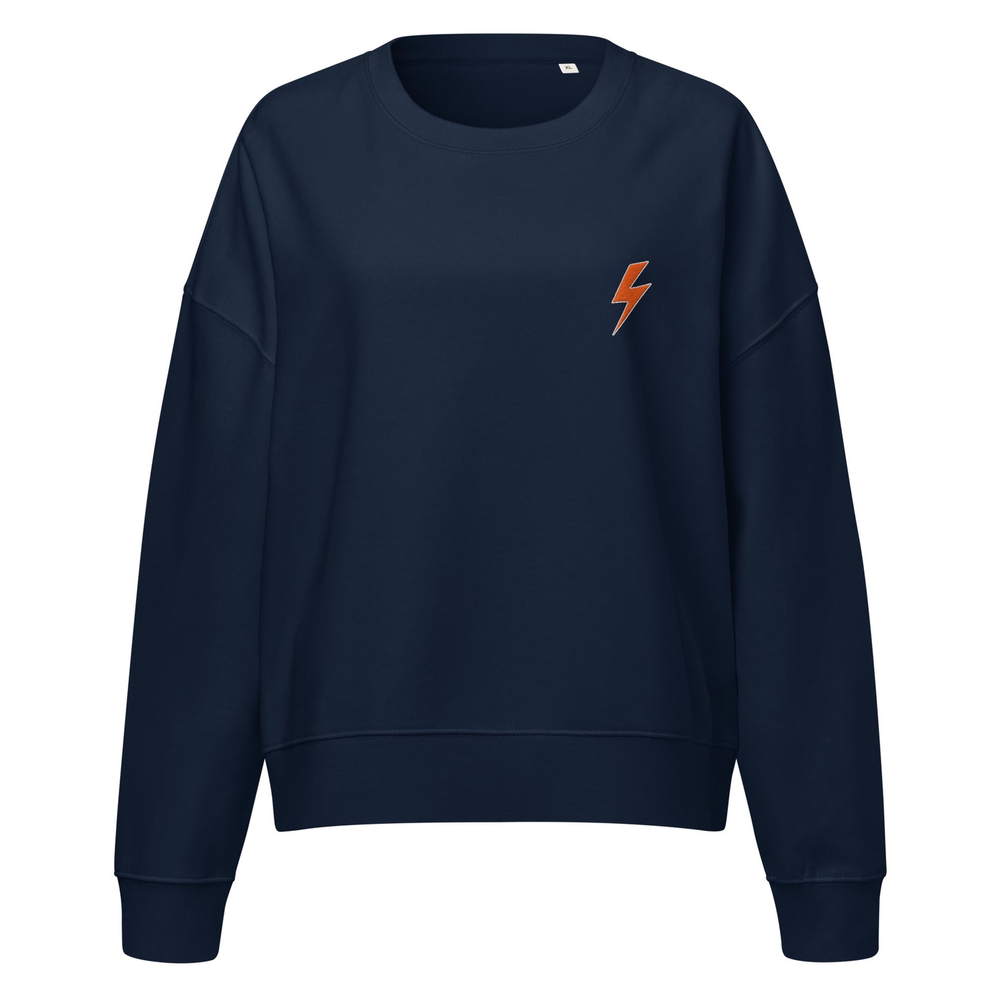 Navy blue sweatshirt with a small orange lightning bolt emblem on a white background
