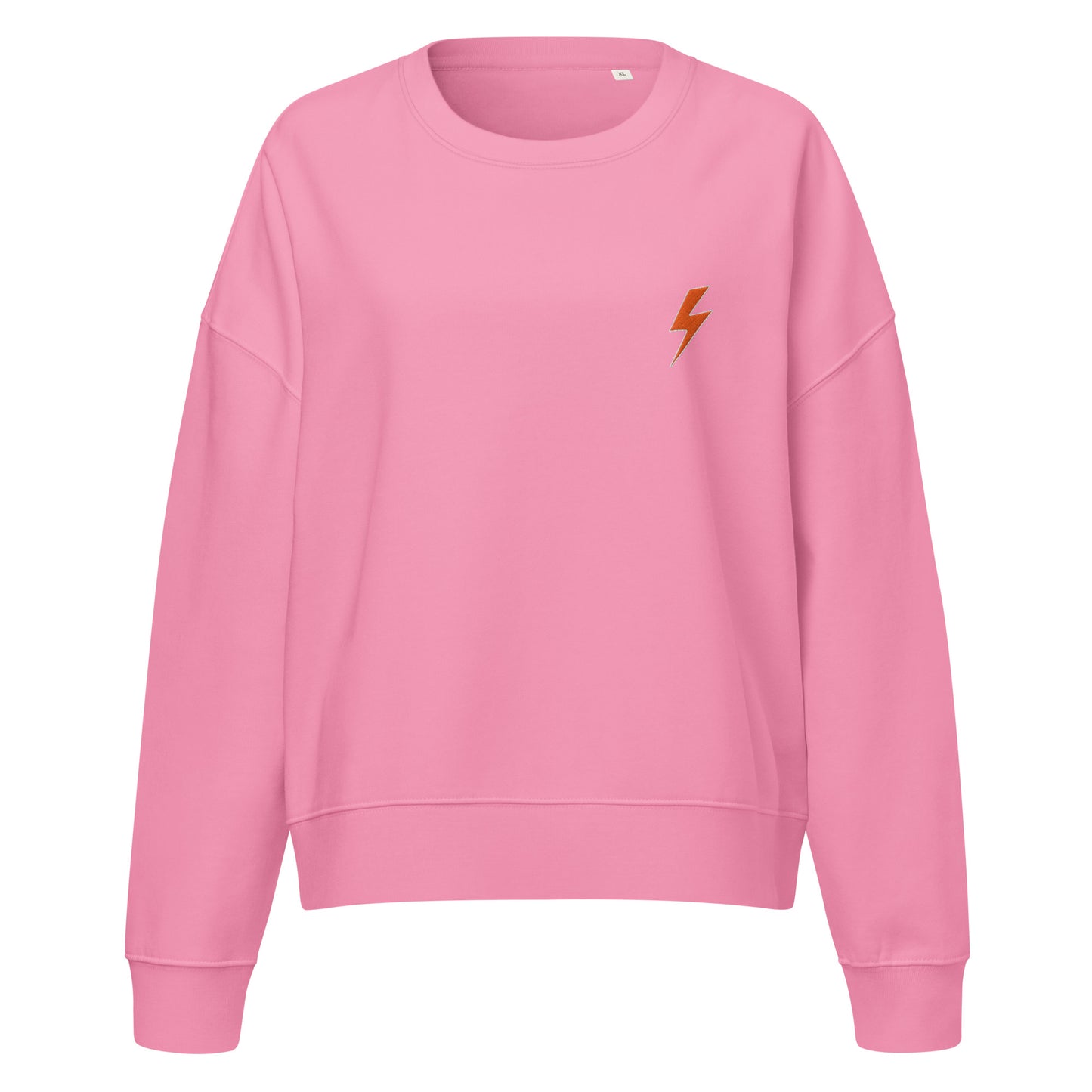 Pink sweatshirt with a orange lightning bolt on a white background
