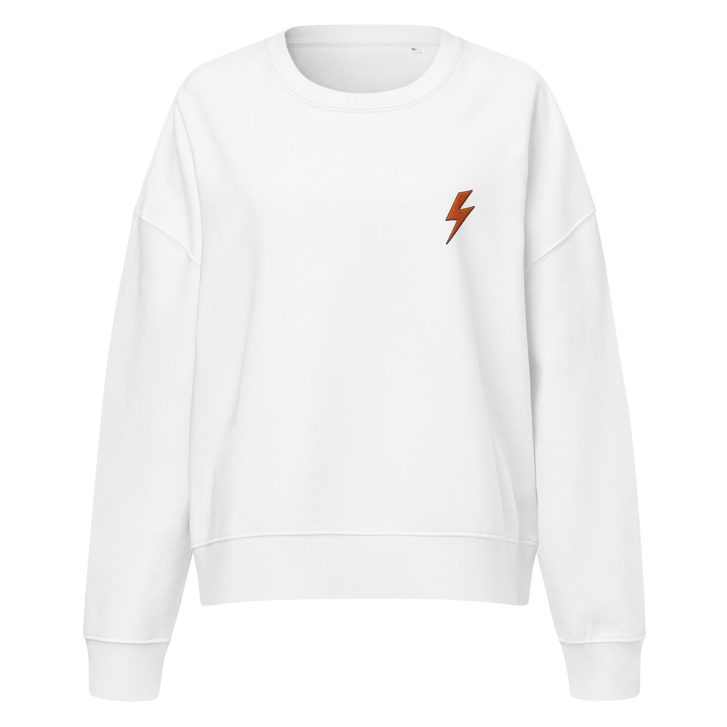 White sweatshirt with a orange lightning bolt emblem on a white background