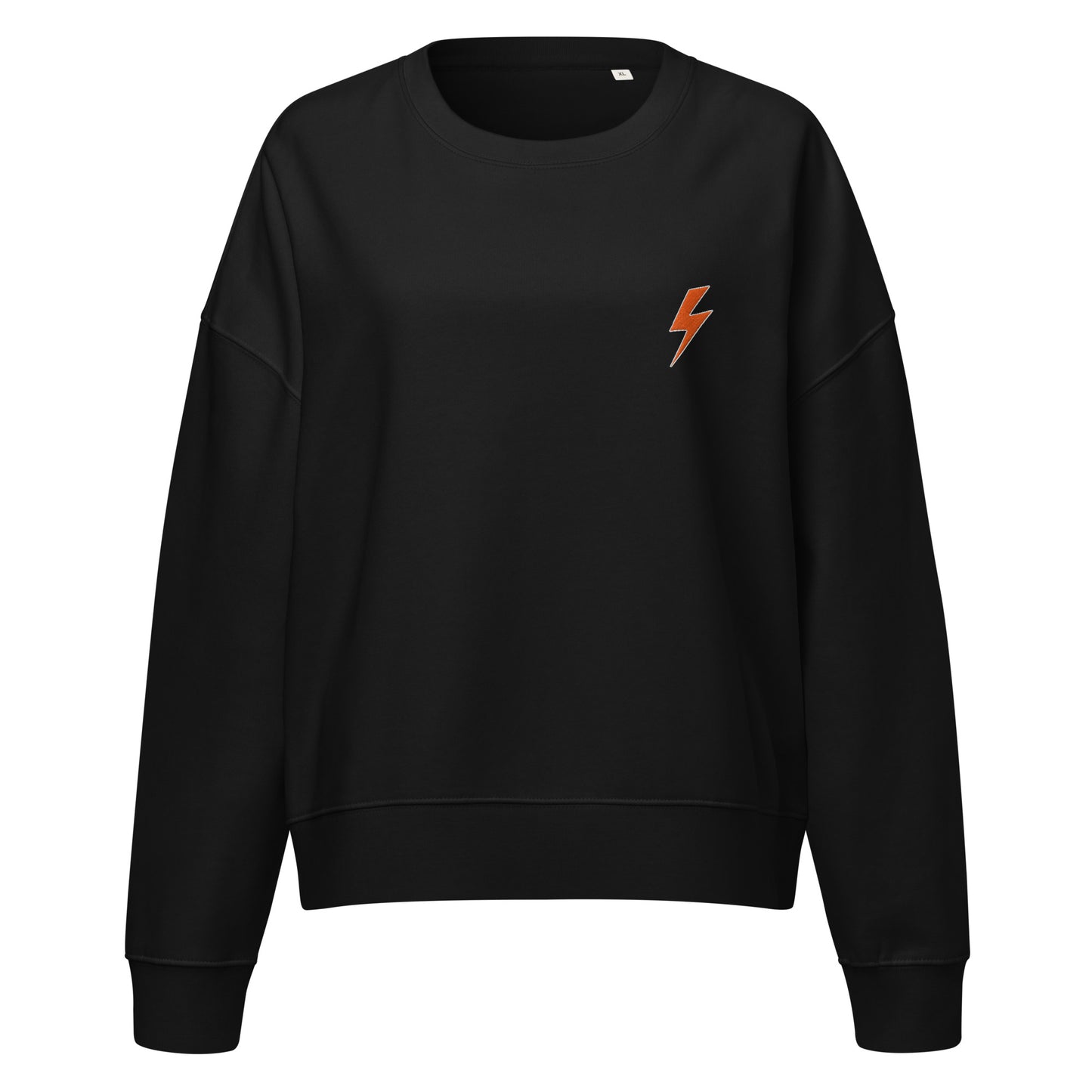 Black sweatshirt with a orange lightning bolt emblem on a white background