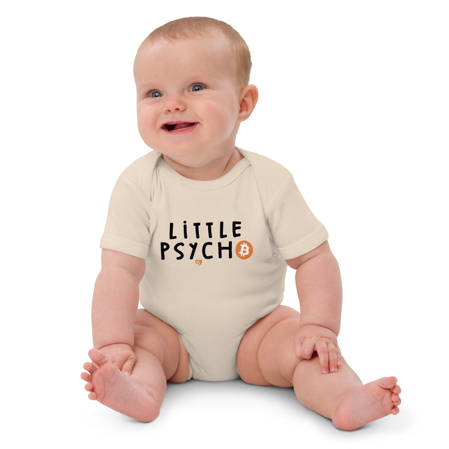 Baby wearing a onesie with 'Little Psycho' text and Bitcoin logo on a white background