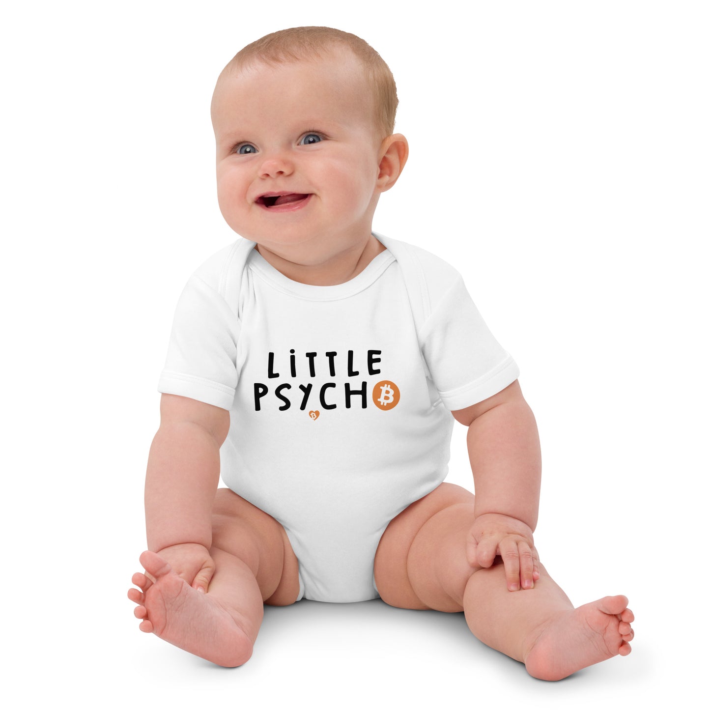 Baby wearing a white onesie with 'Little Psycho' text and Bitcoin logo on a white background