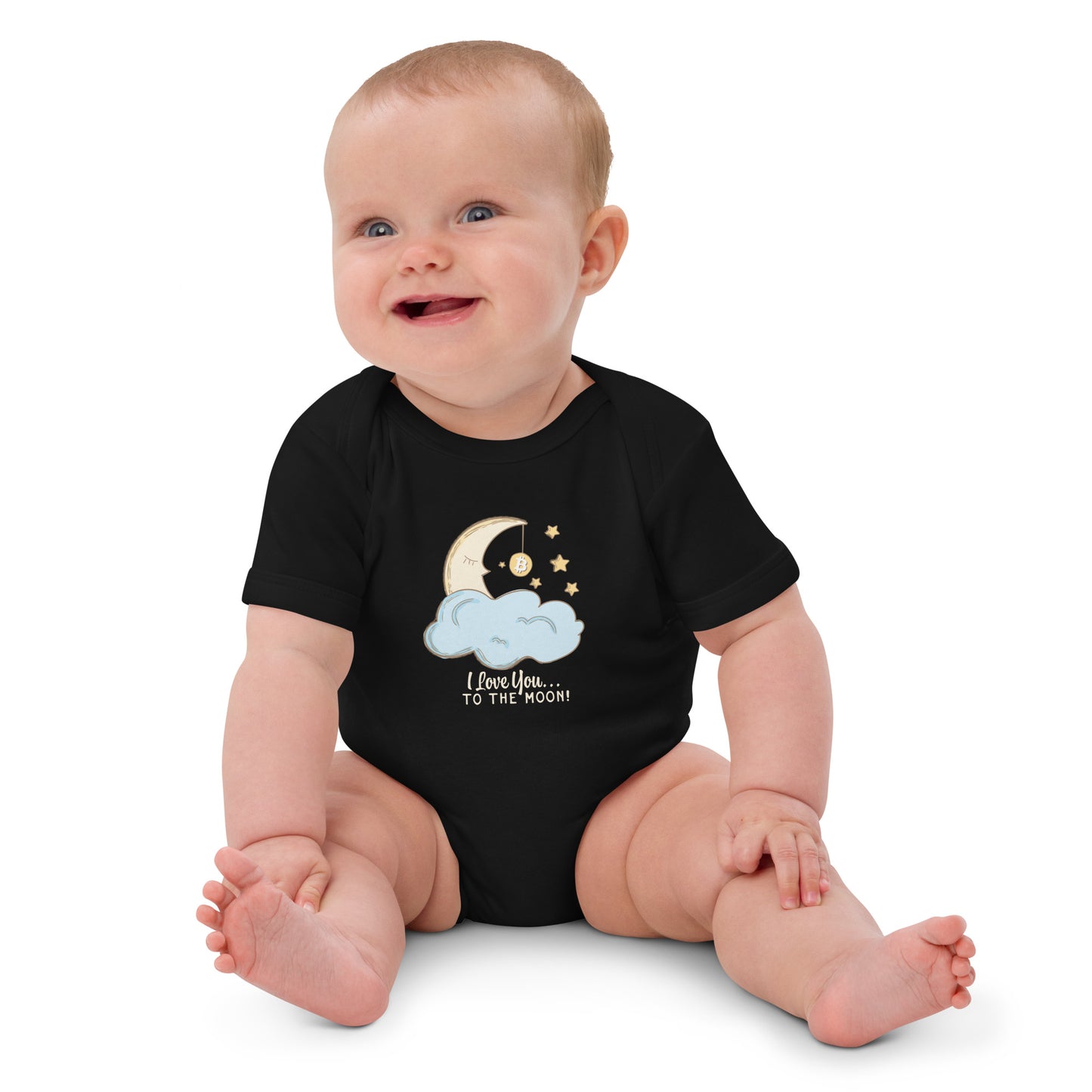 Baby wearing a black onesie with a moon and cloud i love you to the moon design on a white background