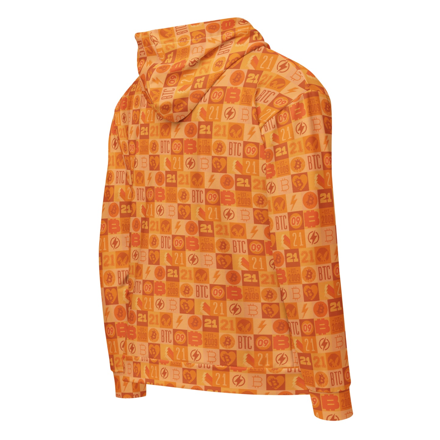 Orange hoodie with geometric bitcoin 21 million 09 down the rabbit hole lightning pattern on a white background