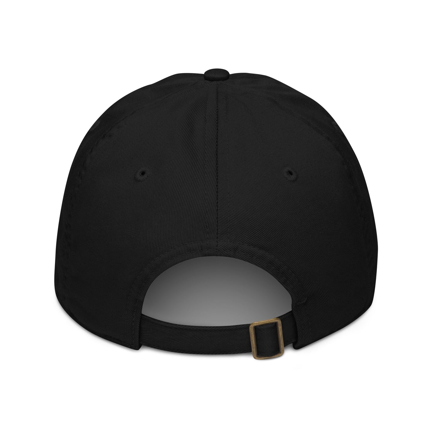 Black cap with a strap on a white background