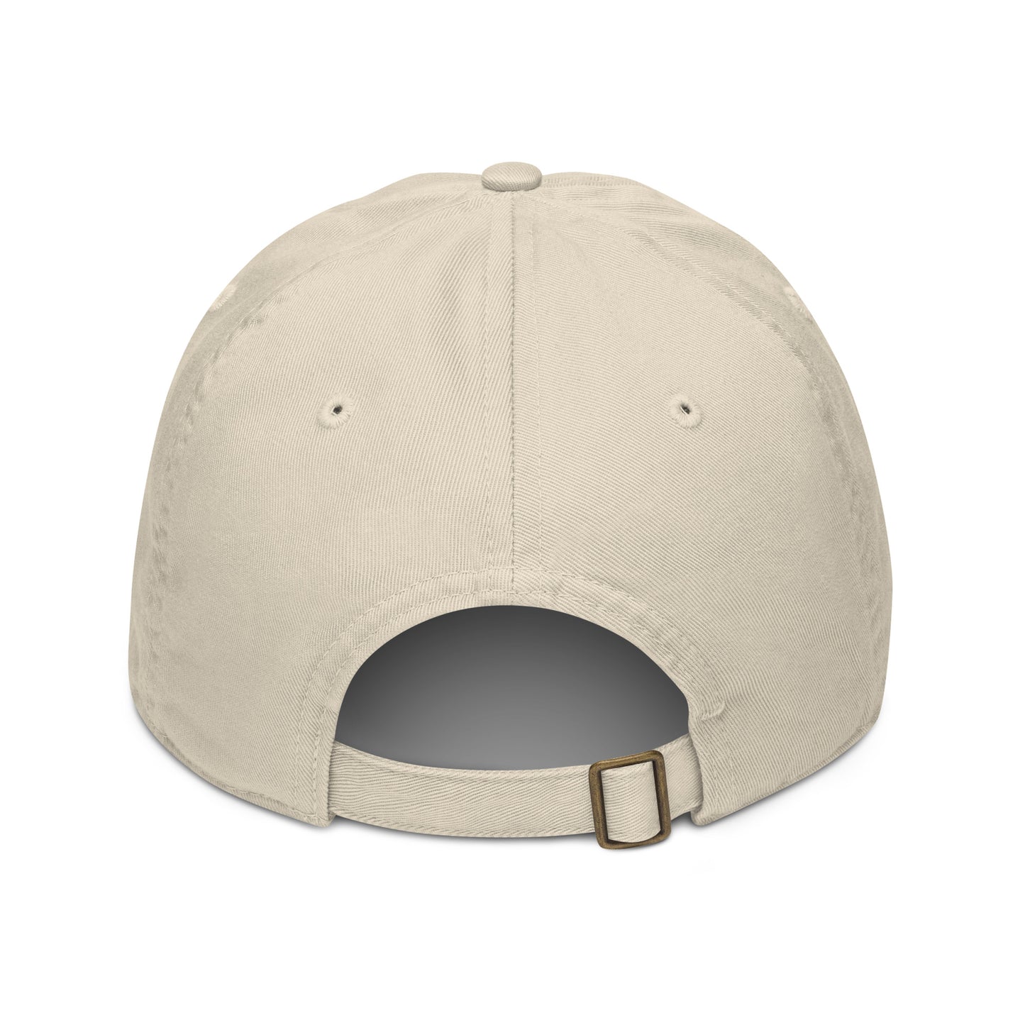 Beige baseball cap with a brown buckle on a white background