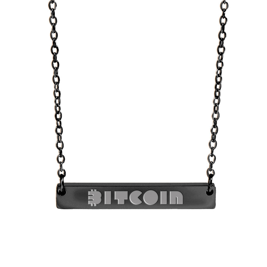 Black necklace with 'Bitcoin' pendant on a white background