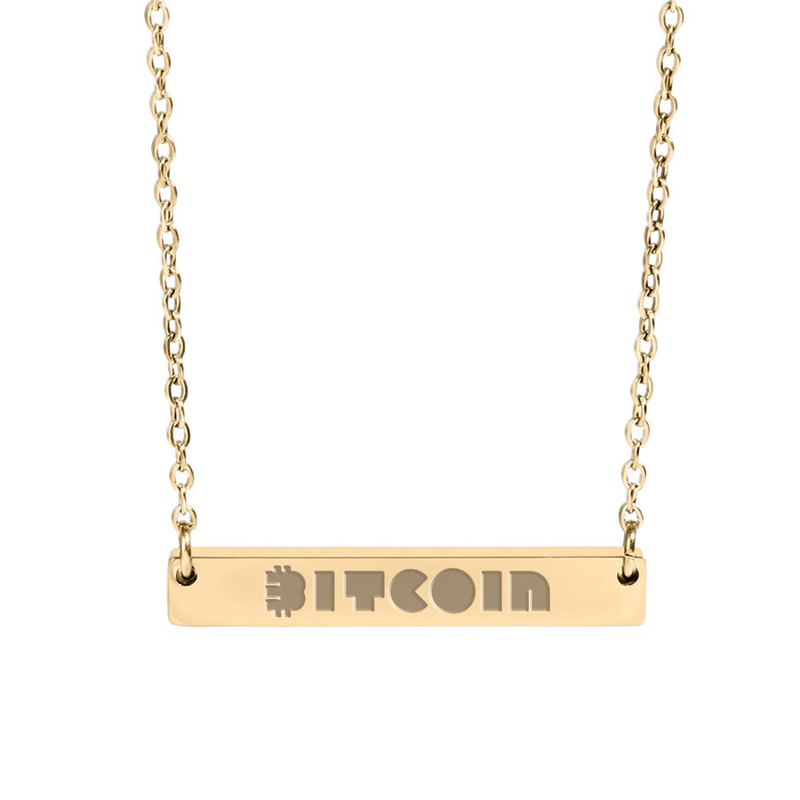 Gold necklace with a bar pendant displaying 'Bitcoin' on a white background
