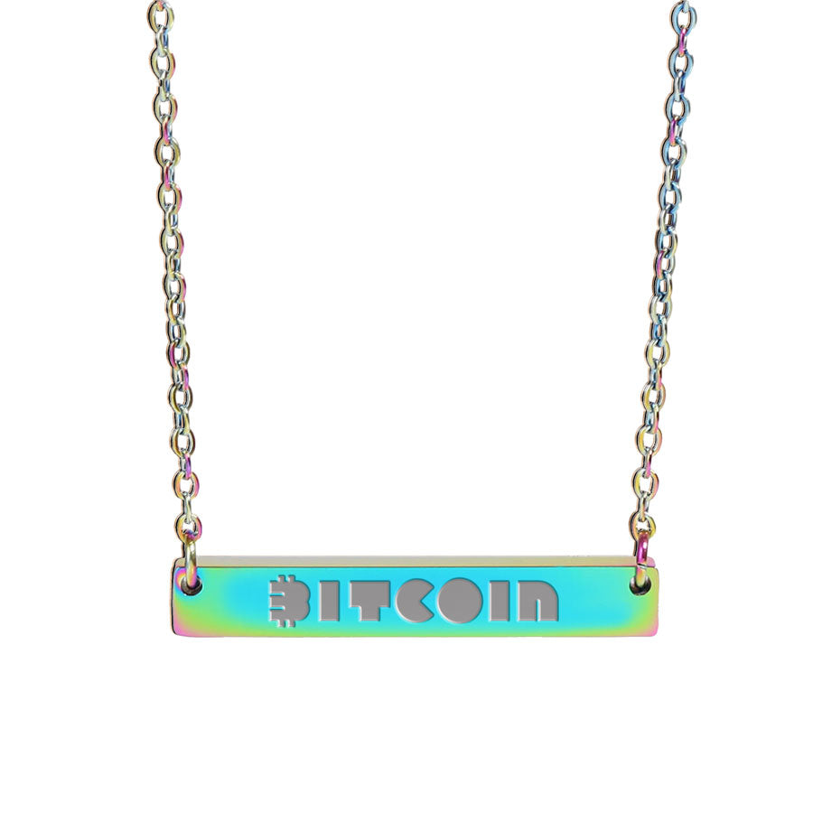 Necklace with a Bitcoin bar pendant on a white background