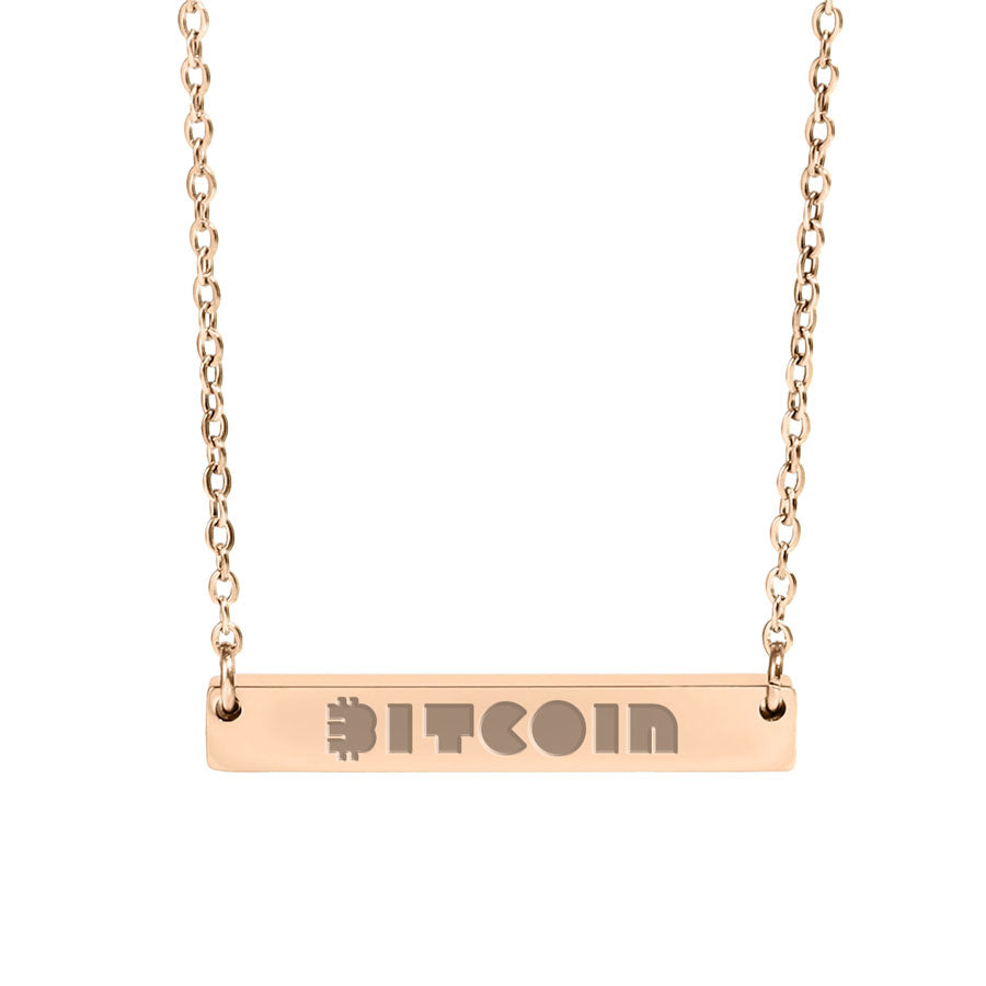 Rose gold necklace with 'BITCOIN' bar pendant on a white background