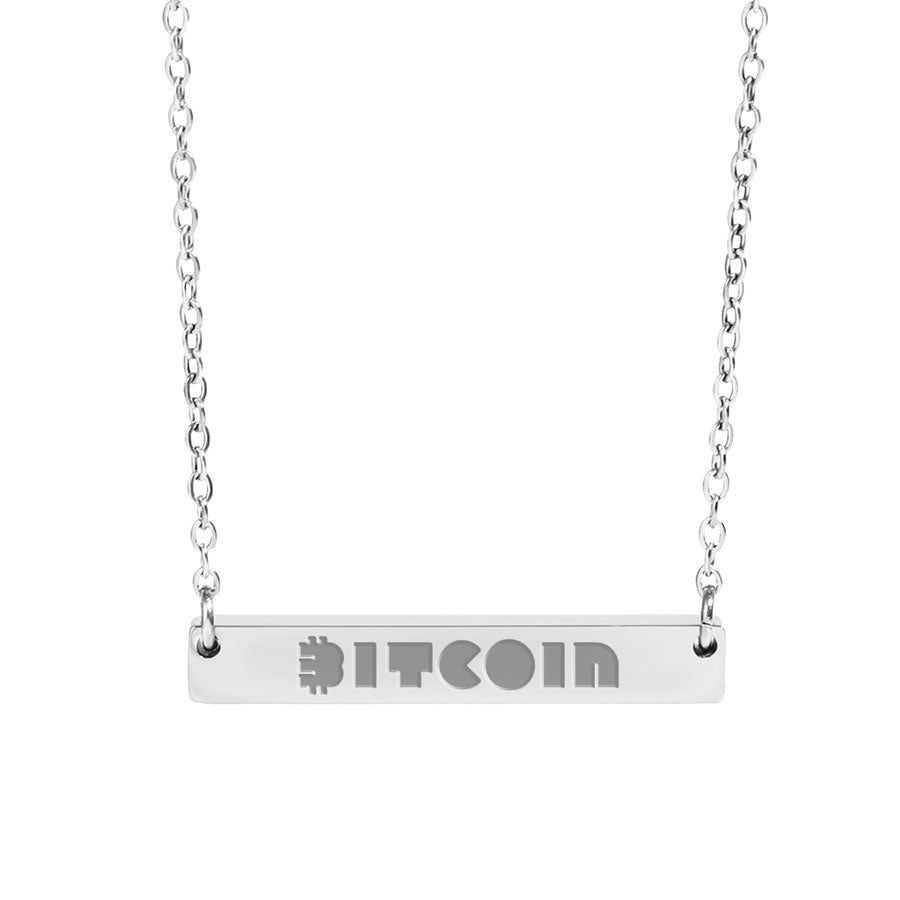 Silver necklace with a bar pendant engraved with 'BITCOIN' on a white background