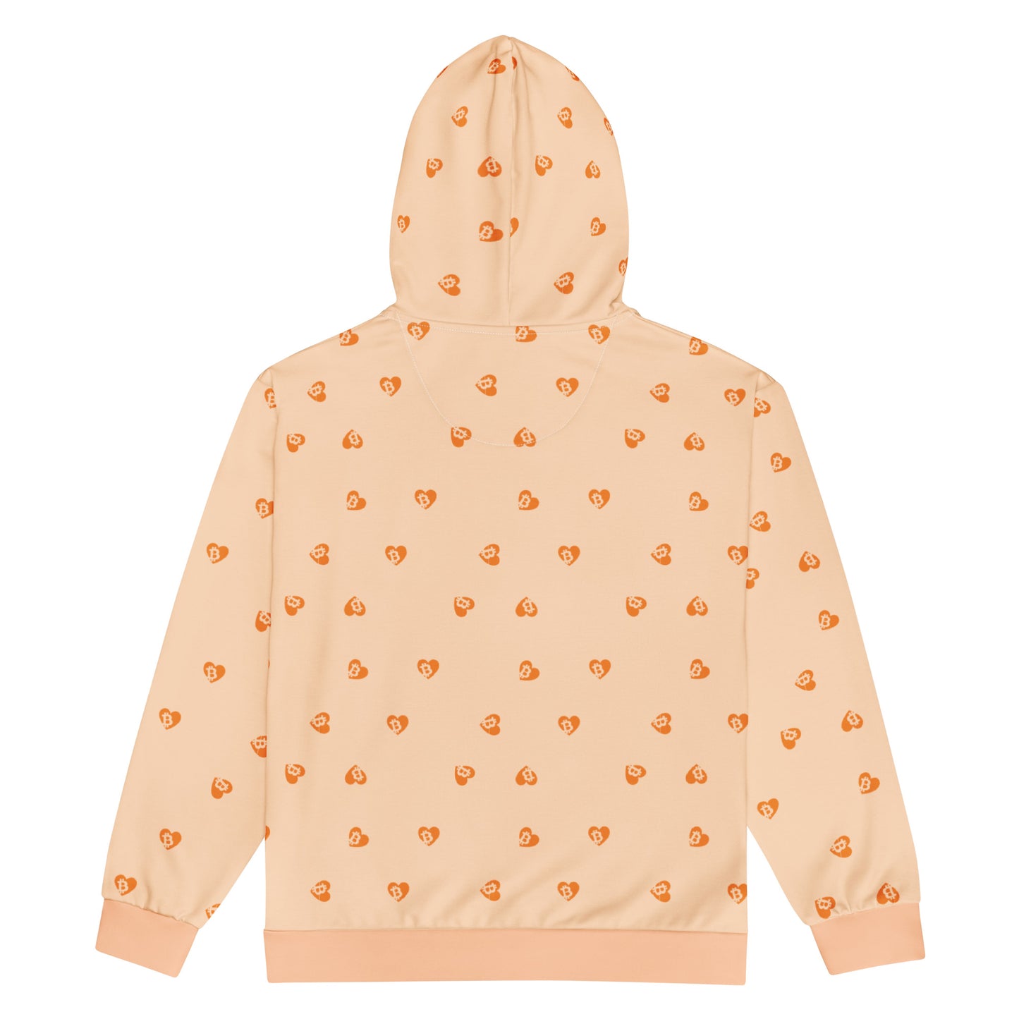 Peach hoodie with small orange bitcoin hearts patterns on a white background