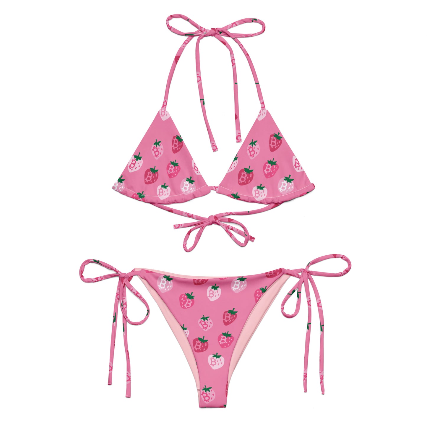 Pink bikini set with strawberry bitcoin pattern on a white background