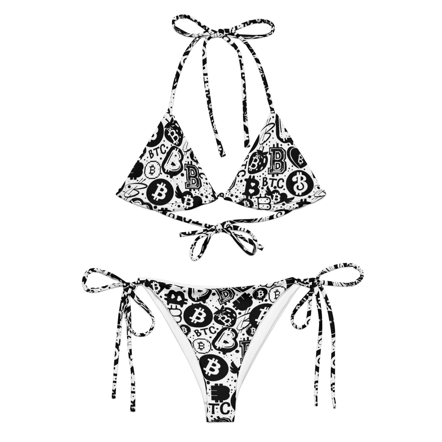 Black and white bitcoin bikini set with Bitcoin symbol design on a white background