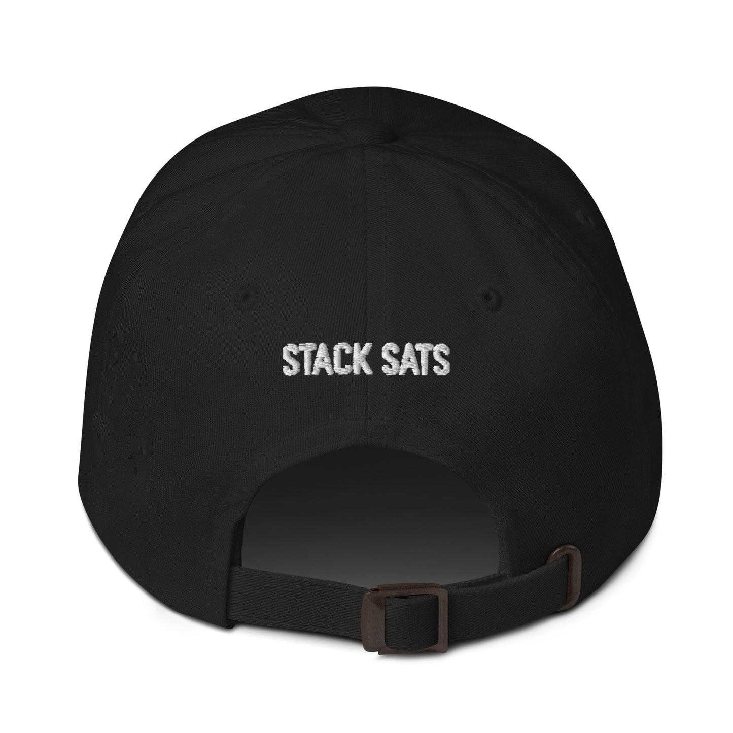 Black cap with 'STACK SATS' text on a white background