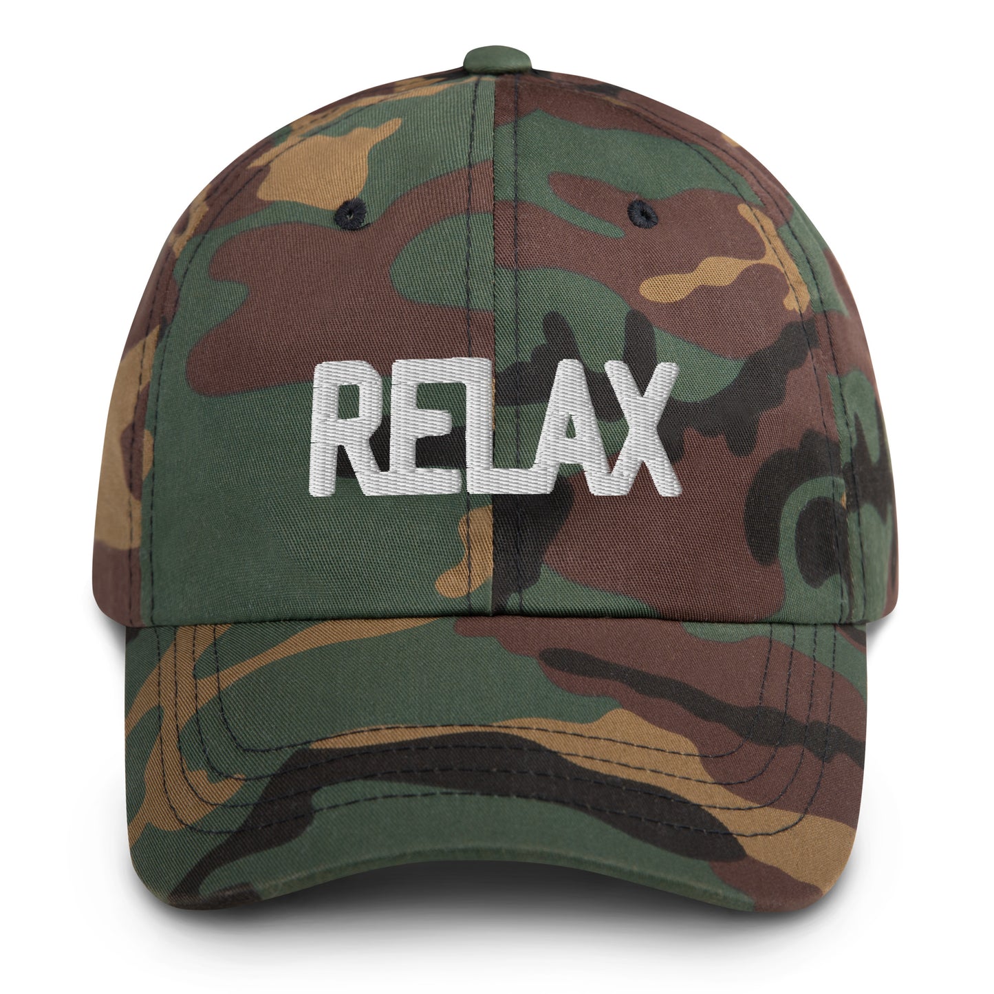 Camouflage cap with 'RELAX' text on a white background