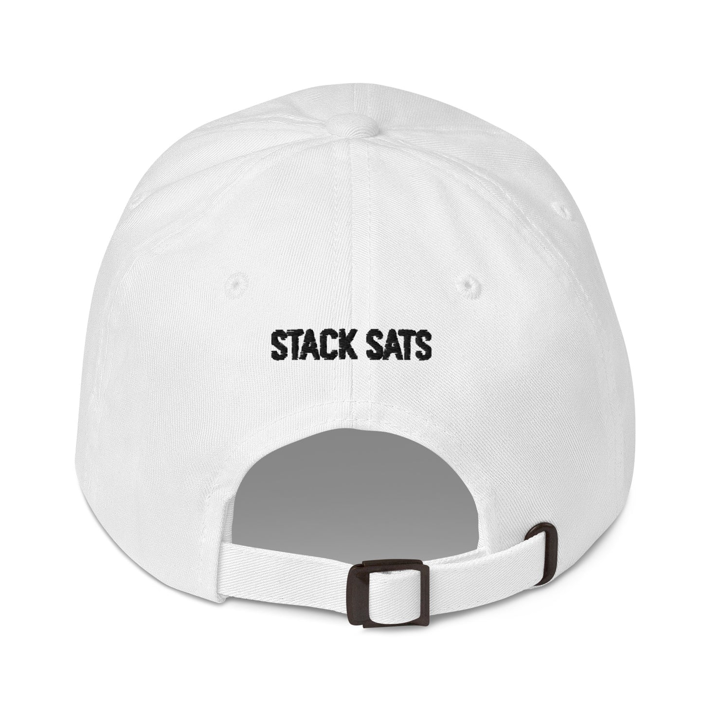 White cap with 'STACK SATS' text on a white background