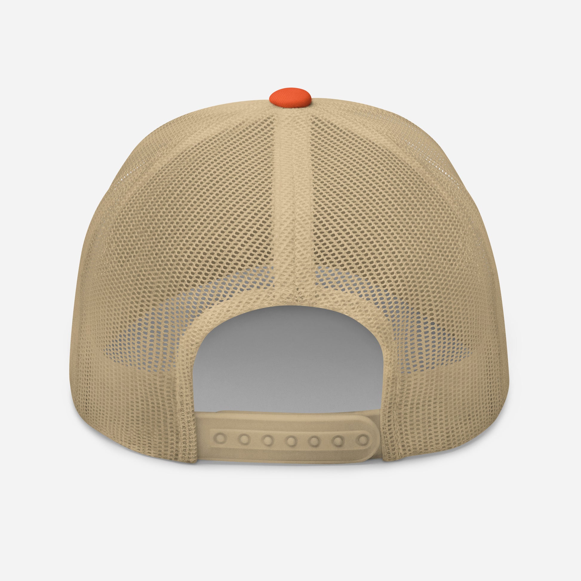 Beige mesh cap with a orange button on a light gray background