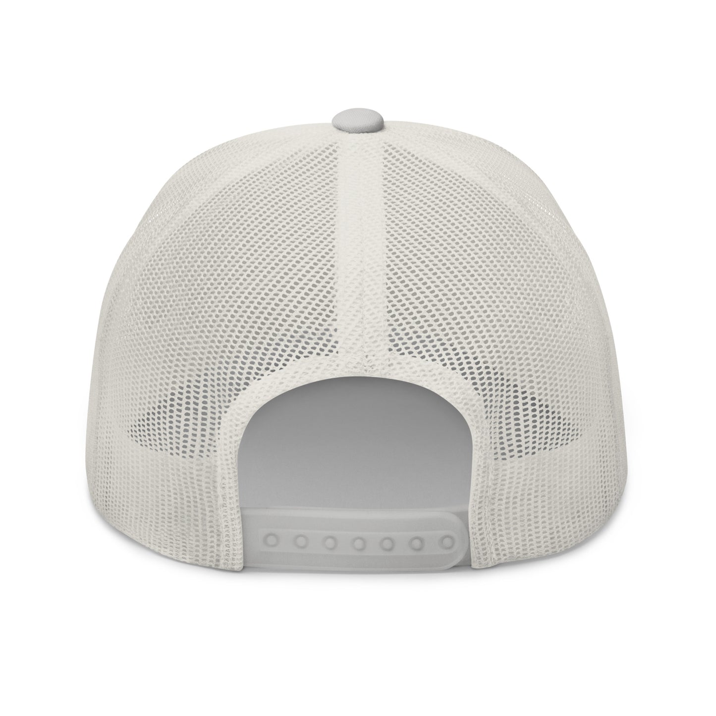 Back view of a light gray cap with mesh design on a white background