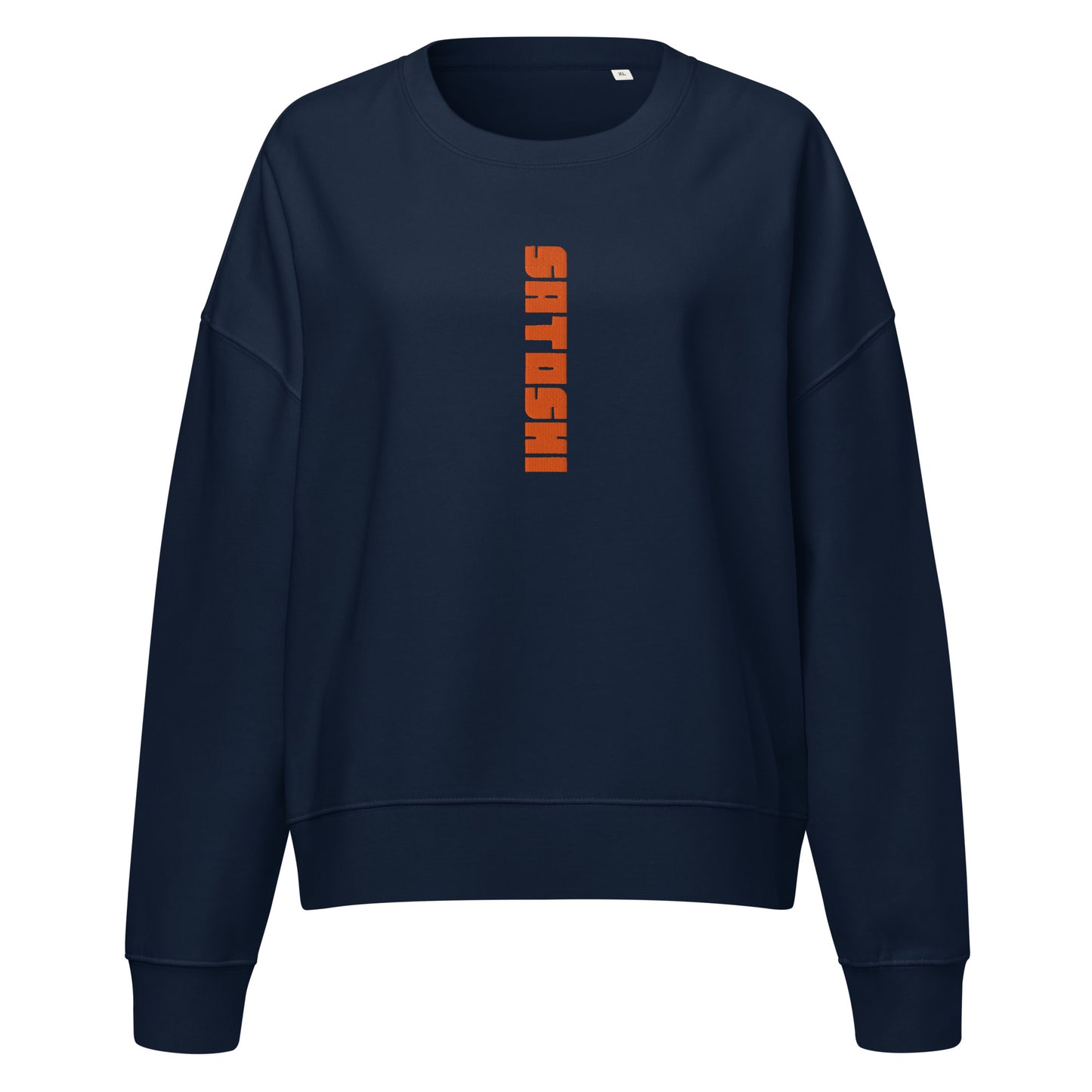 Navy blue sweatshirt with orange satoshi text on a white background