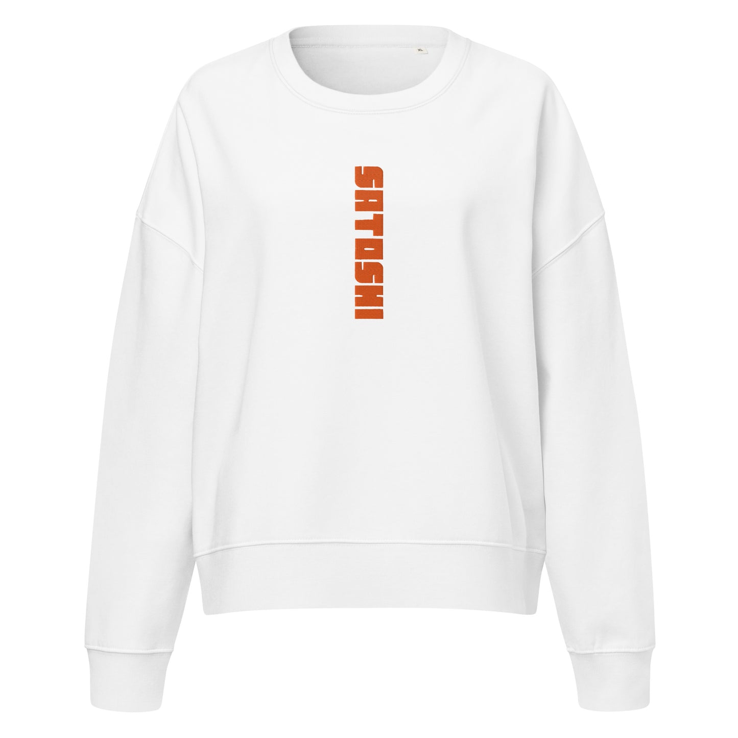 White sweatshirt with 'Satoshi' printed in orange on a white background