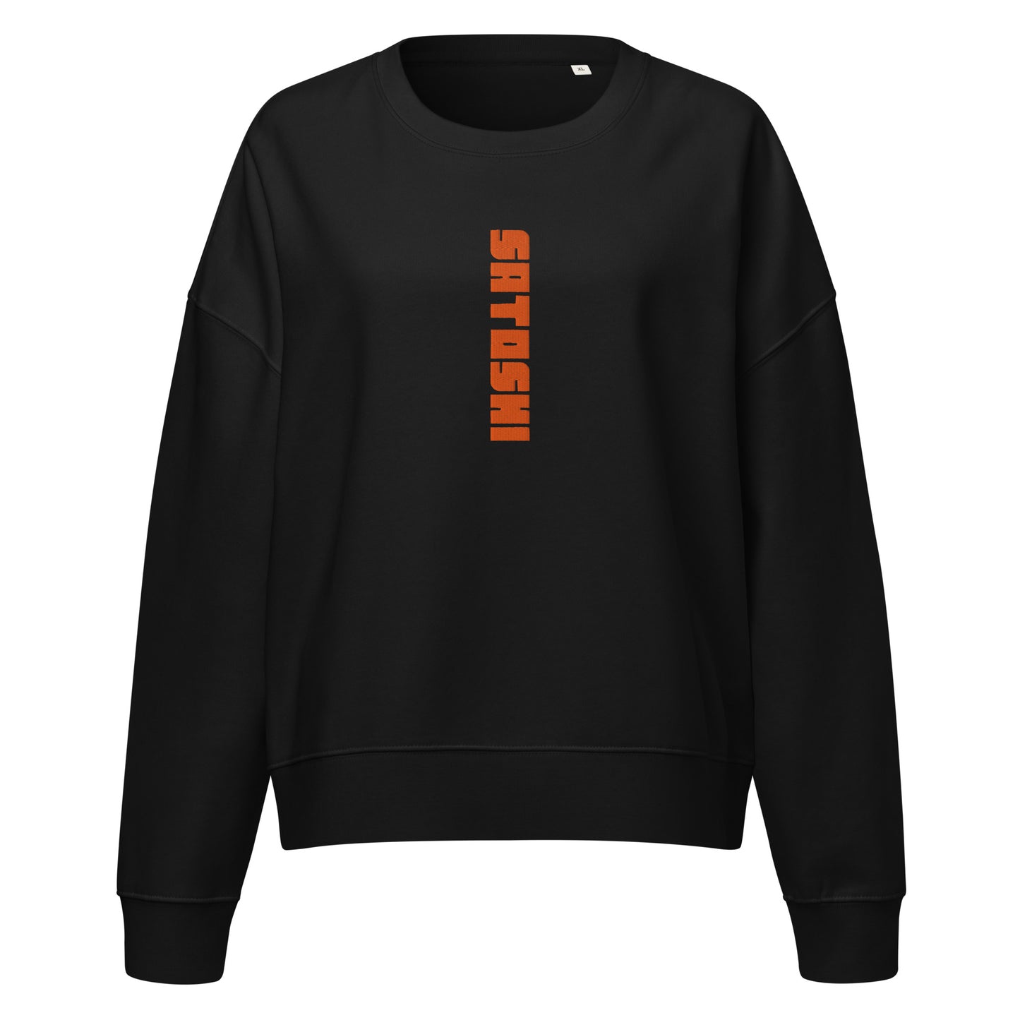 Black sweatshirt with orange satoshi text on a white background