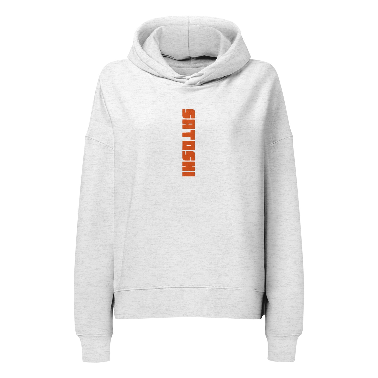 Gray hoodie with orange satoshi text on a white background