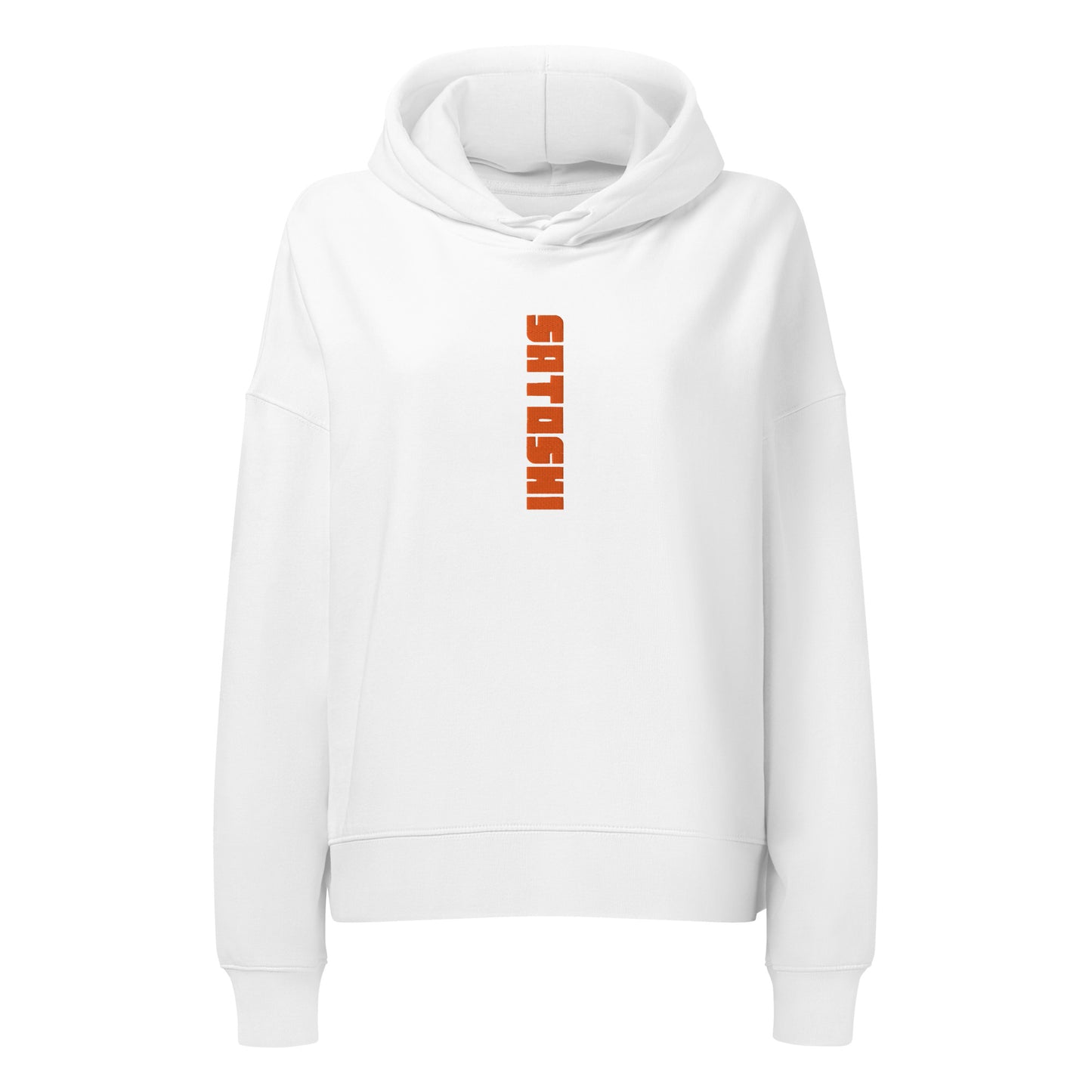 White hoodie with orange satoshi text on a white background