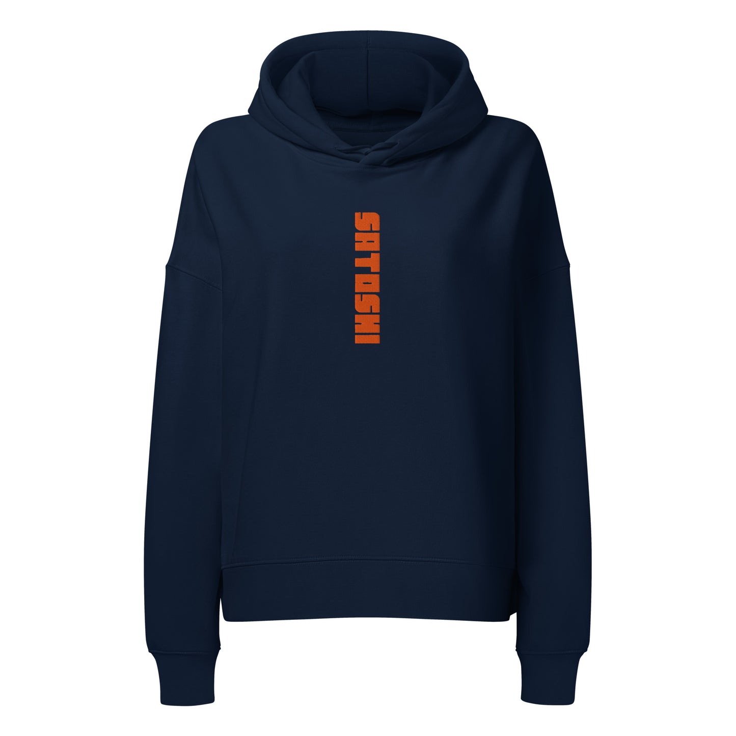 Navy blue hoodie with orange satoshi text on a white background