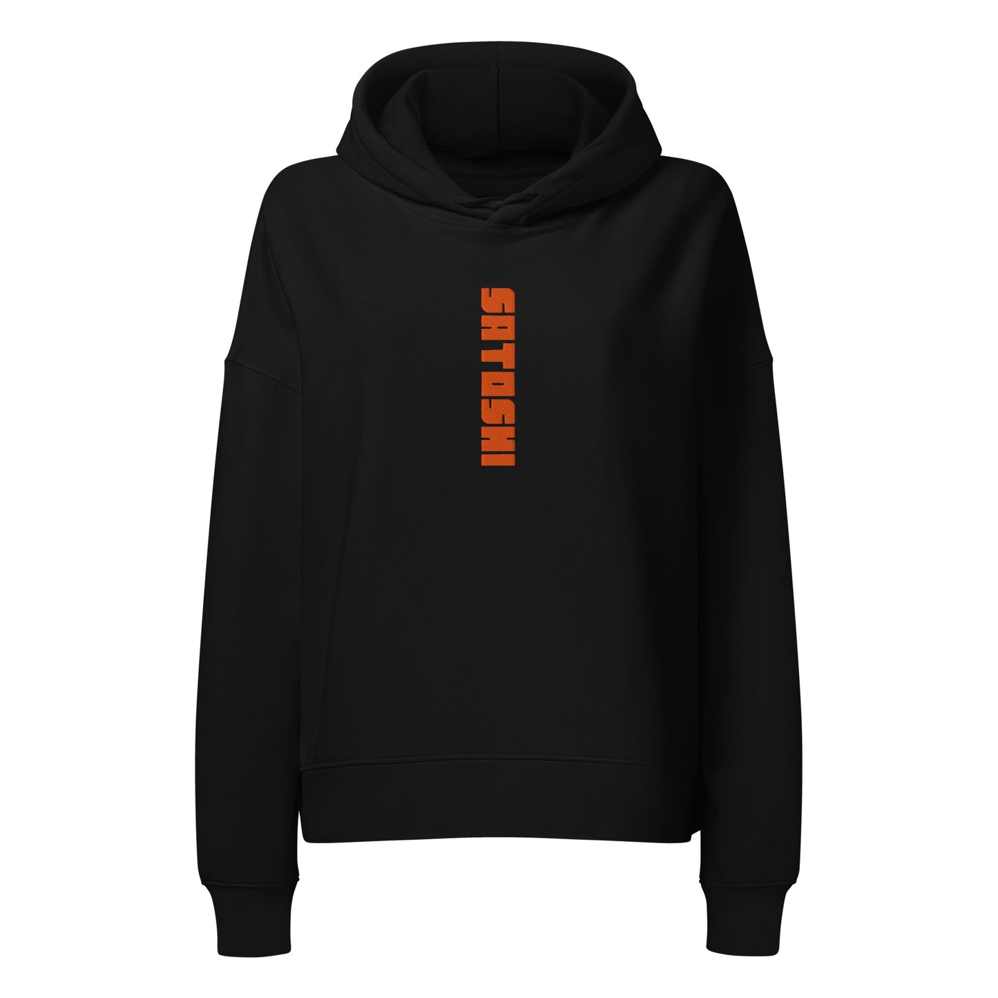 Black hoodie with orange satoshi text on a white background
